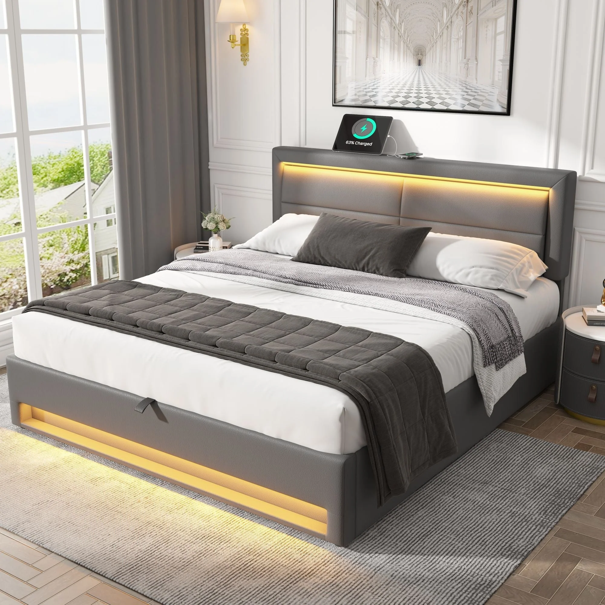 Upholstered Bed with USB Charging, LED Lighting and Storage, 140x190cm, Grey PU Leather - Image 3