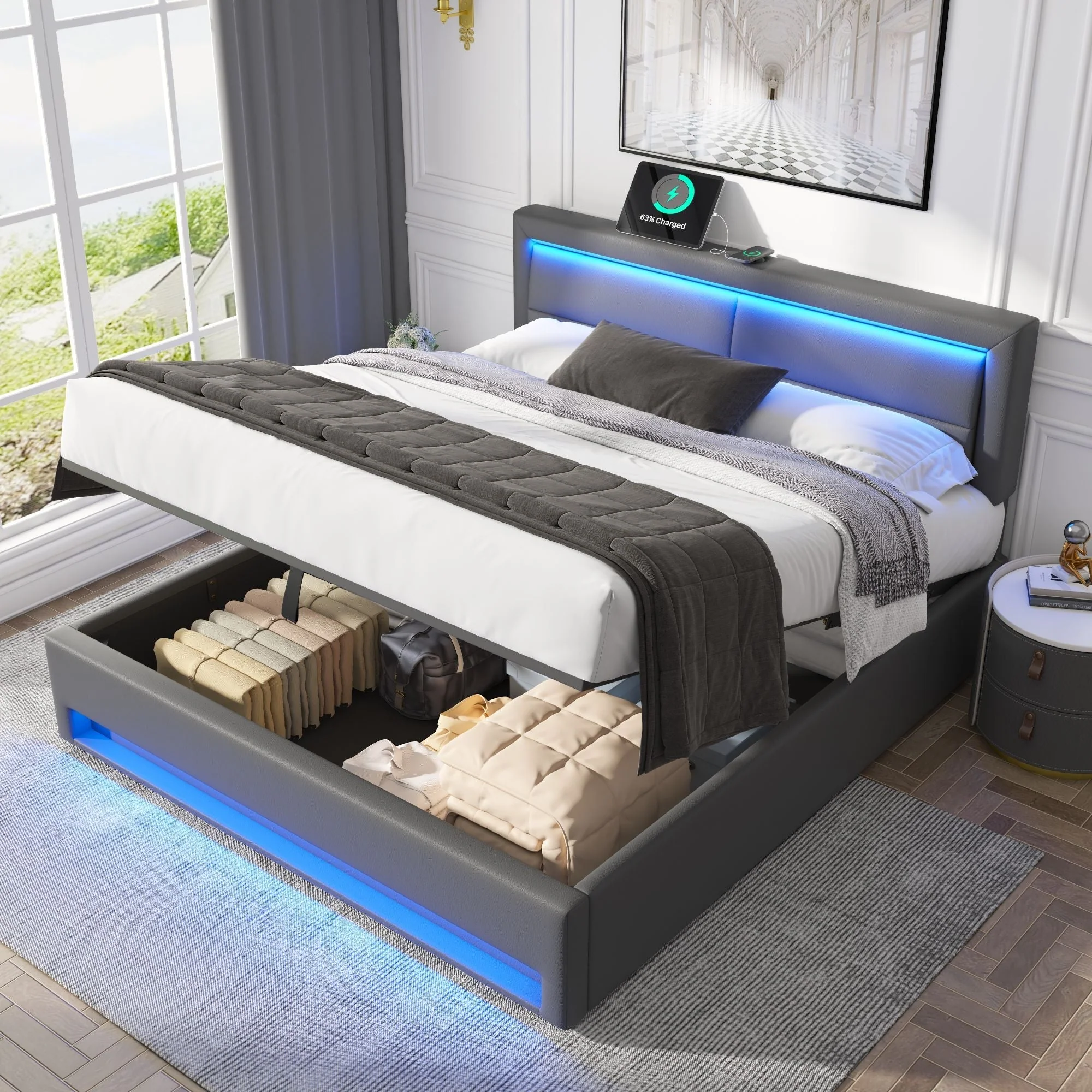 Upholstered Bed with USB Charging, LED Lighting and Storage, 140x190cm, Grey PU Leather - Image 4