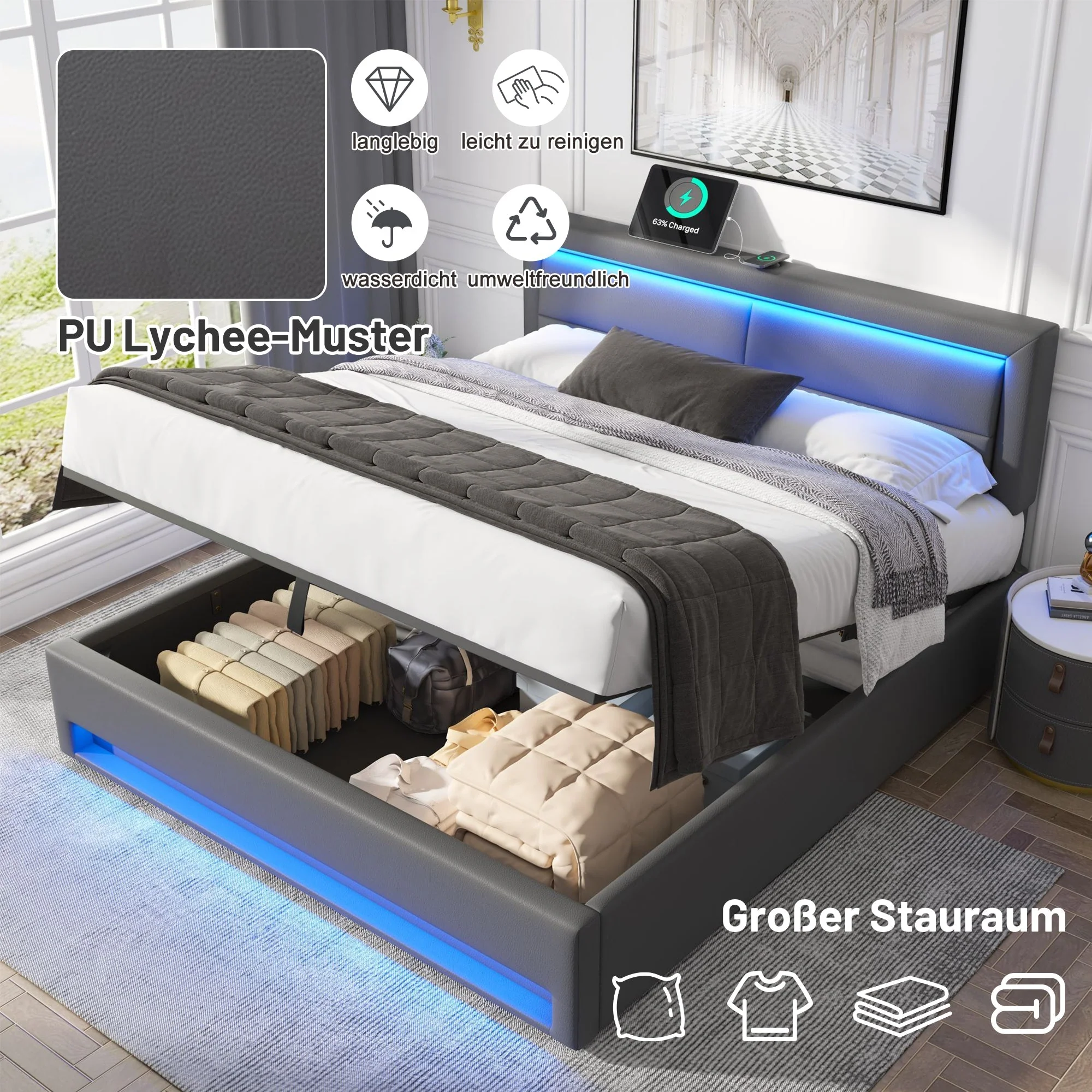 Upholstered Bed with USB Charging, LED Lighting and Storage, 140x190cm, Grey PU Leather - Image 6