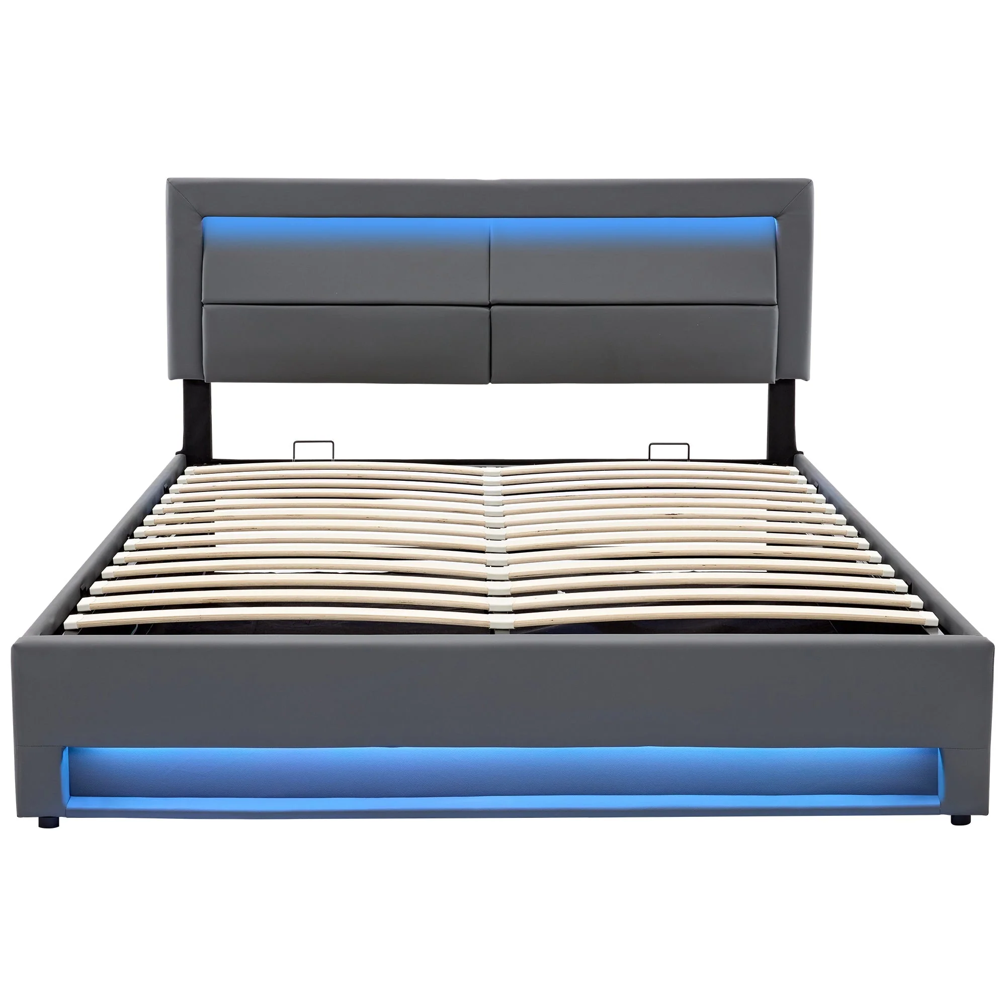 Upholstered Bed with USB Charging, LED Lighting and Storage, 140x190cm, Grey PU Leather - Image 9