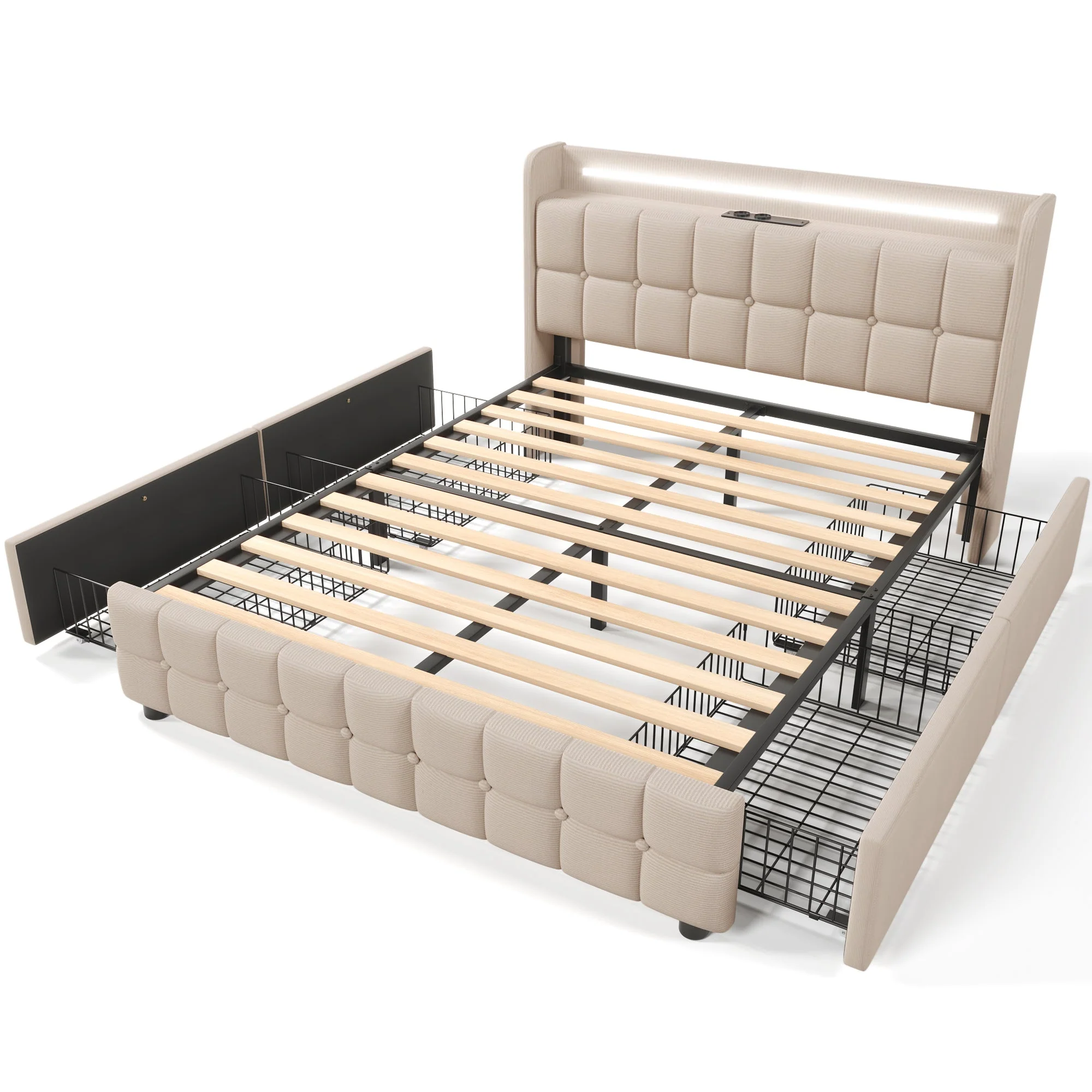 Upholstered Bed with USB, LED, 4 Drawers, 160x200cm, Beige - Image 4