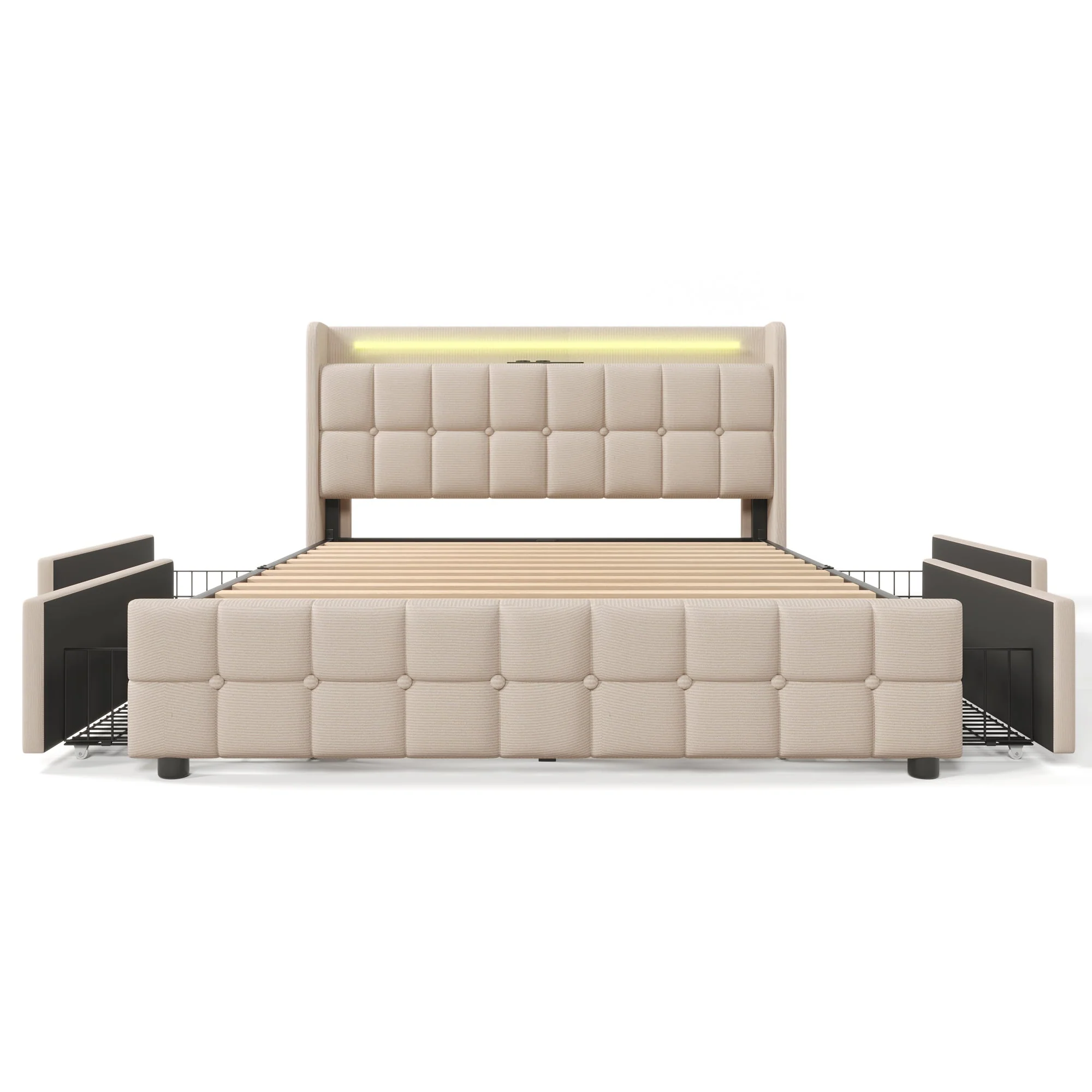 Upholstered Bed with USB, LED, 4 Drawers, 160x200cm, Beige - Image 6