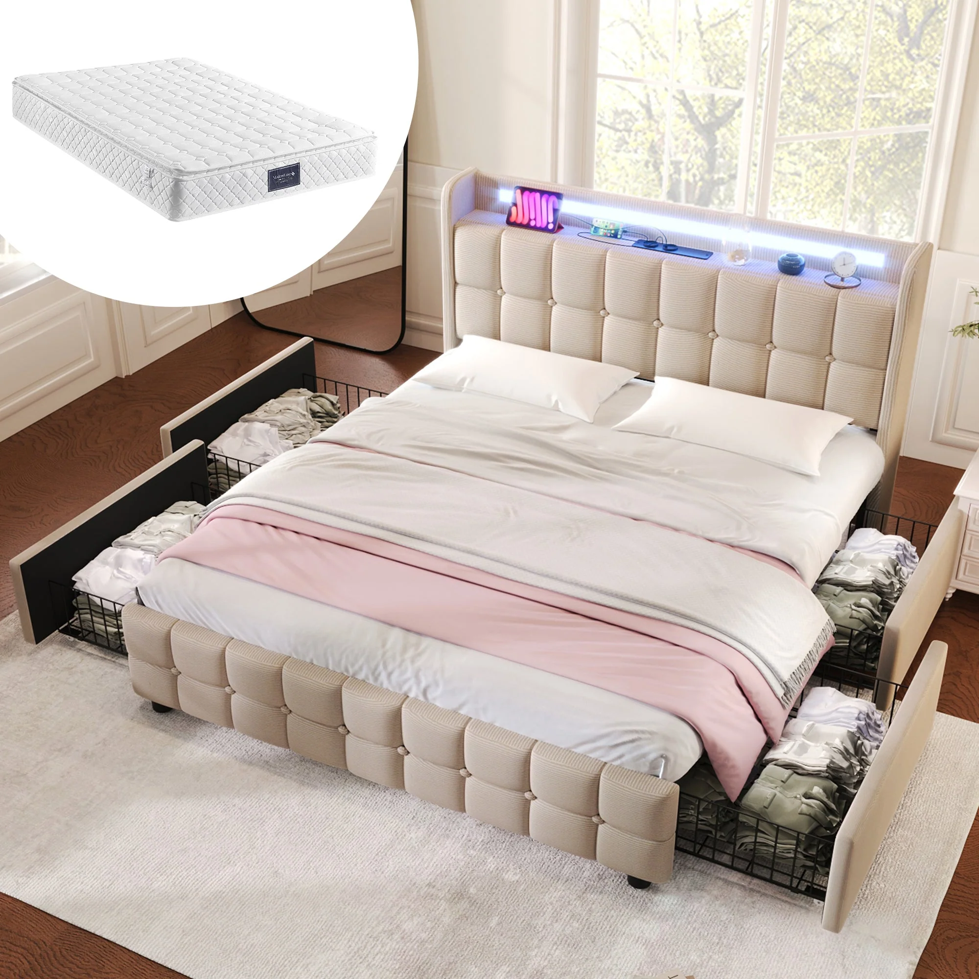 Upholstered Bed with USB, LED, 4 Drawers, 160x200cm, Beige Linen