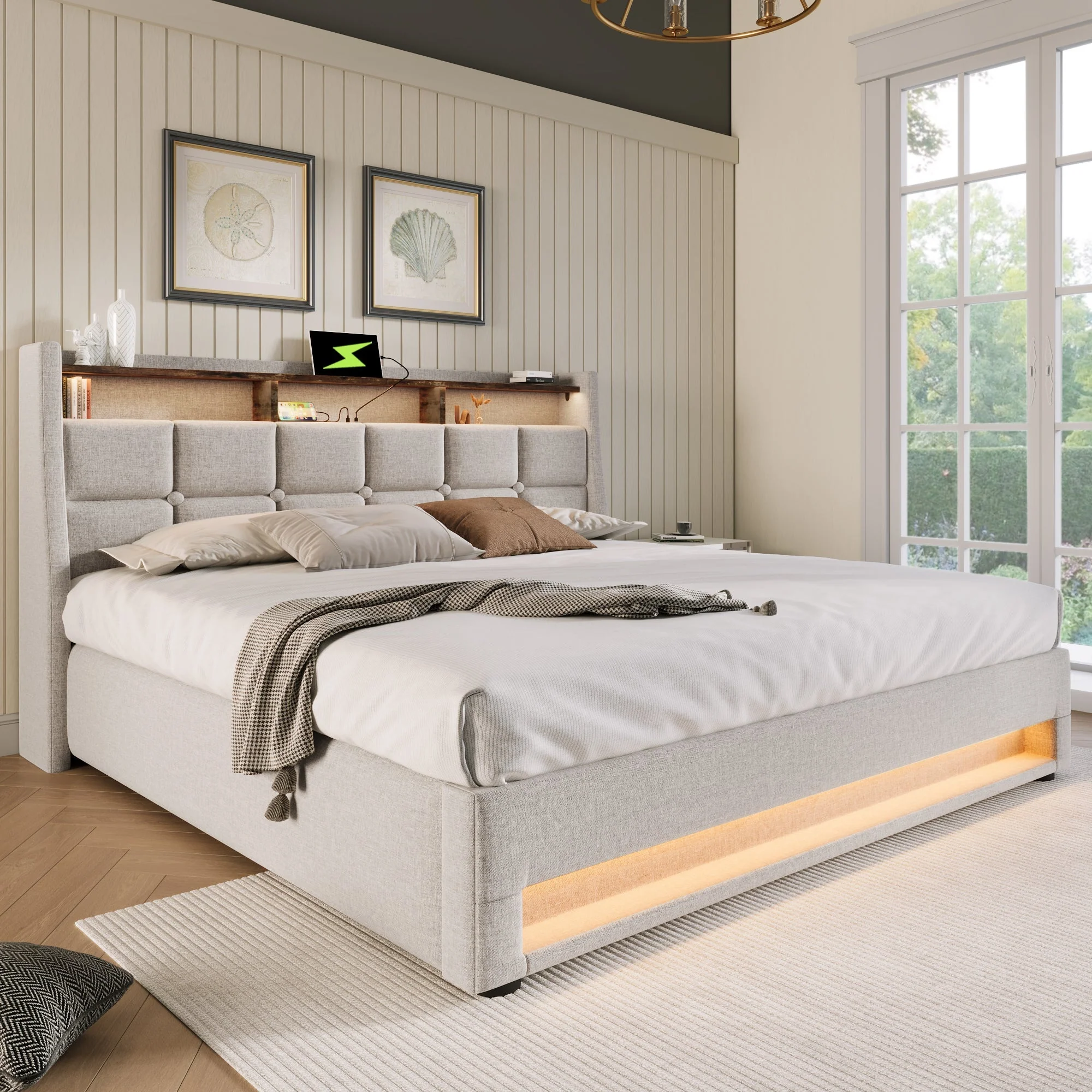 Upholstered Bed with USB LED Metal Slatted Base, Linen Material (With Mattress) - Image 8
