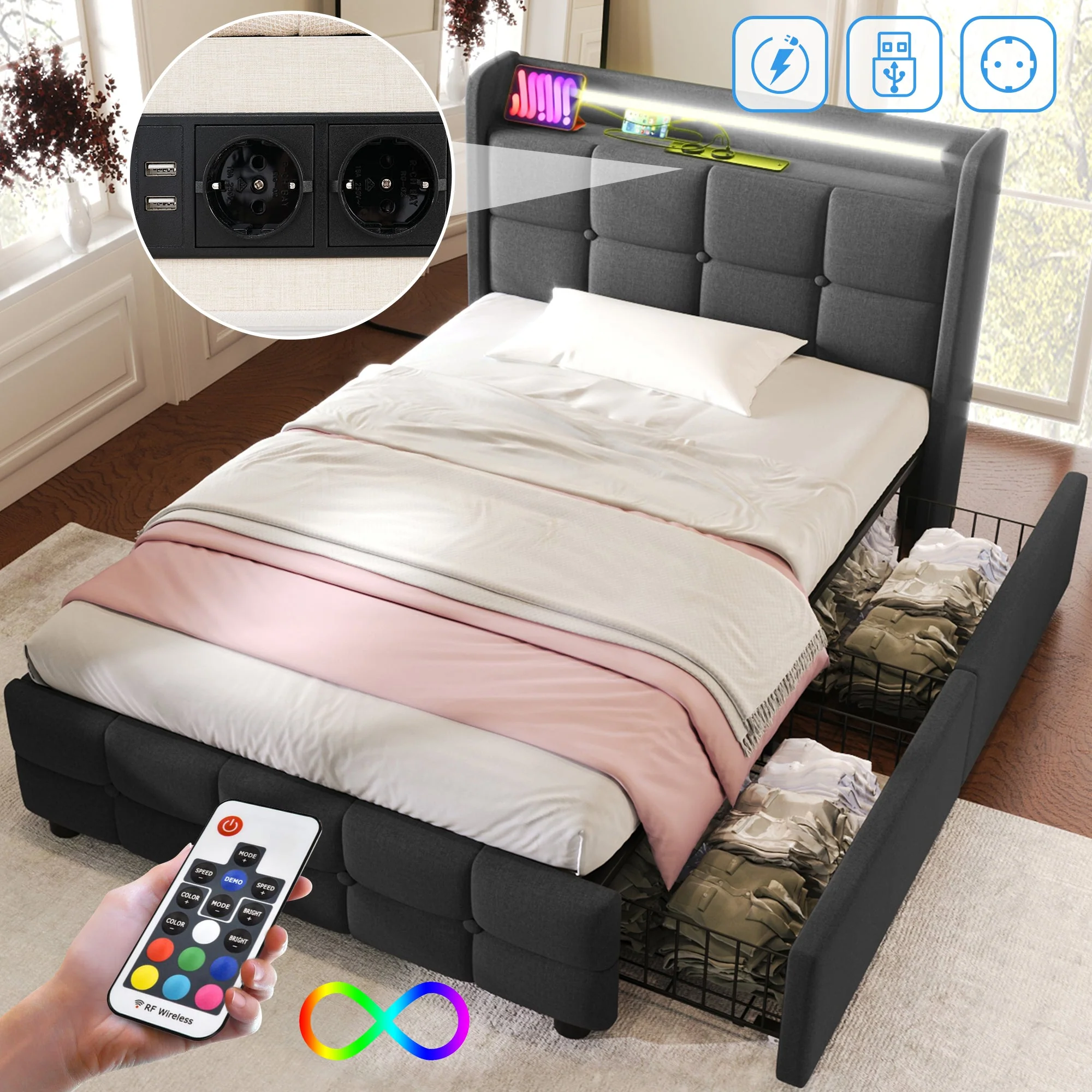 Upholstered Bed with USB, LED & Storage Drawers, Gray - Image 2
