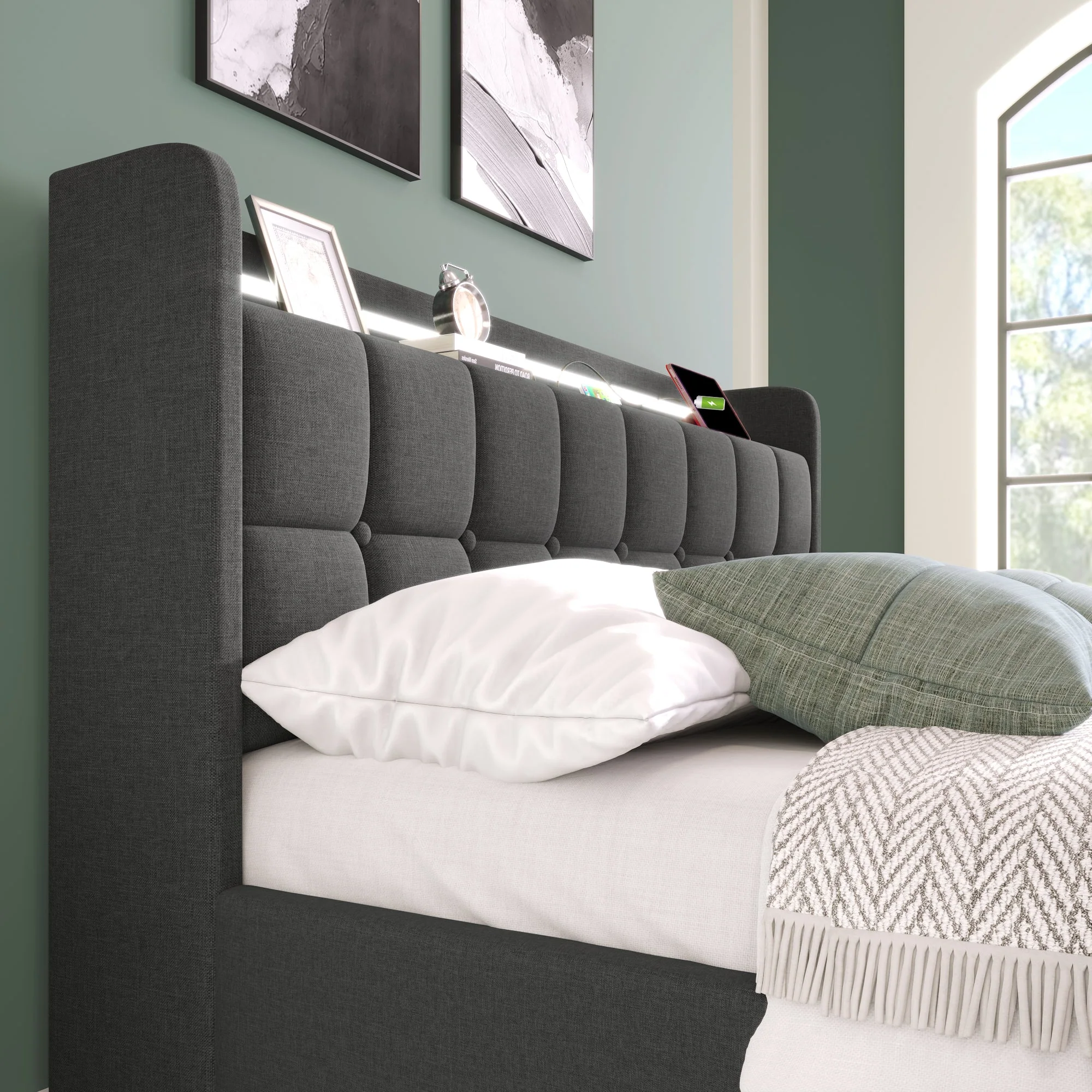Upholstered Bed with USB, LED & Storage Drawers, Gray - Image 3