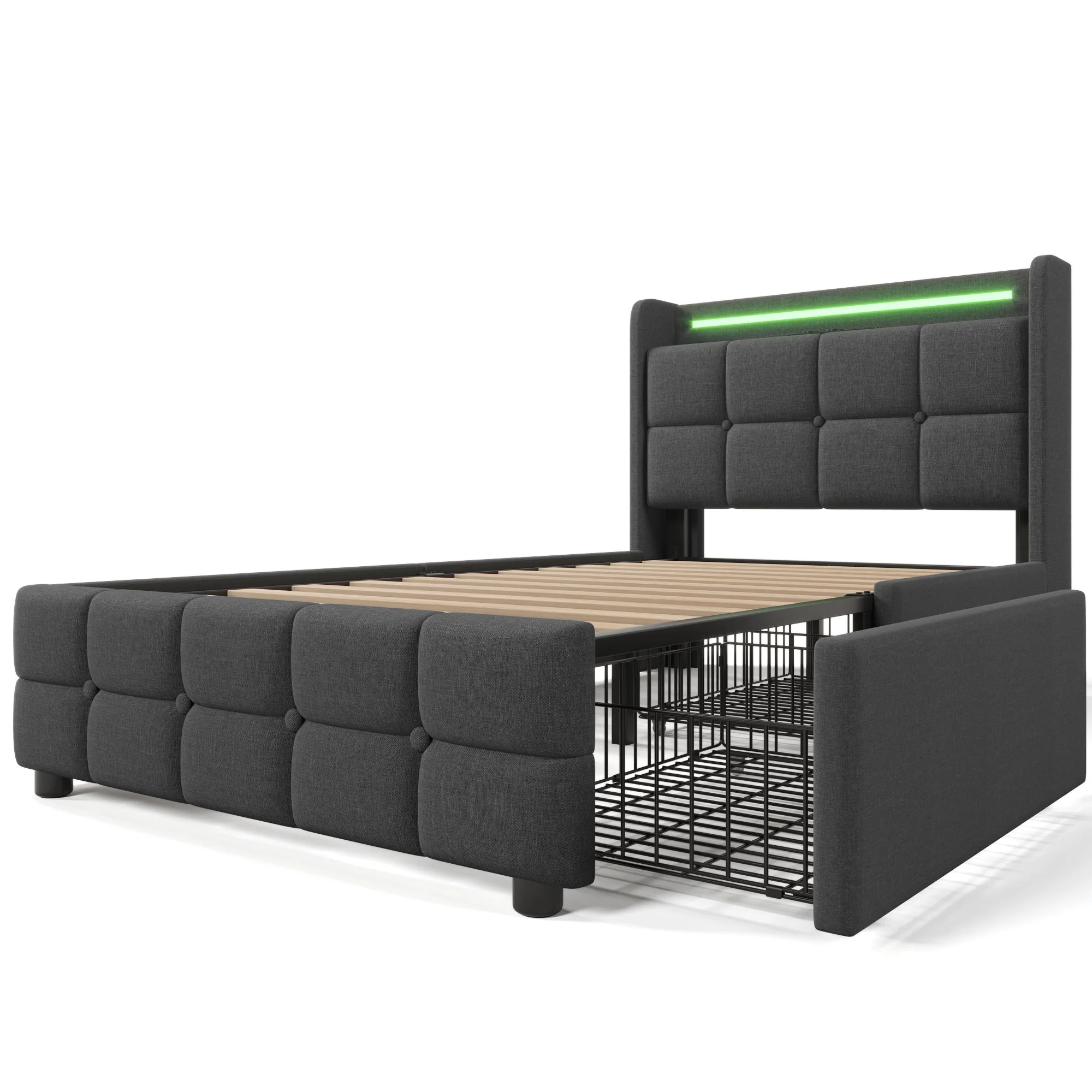 Upholstered Bed with USB, LED & Storage Drawers, Gray - Image 4