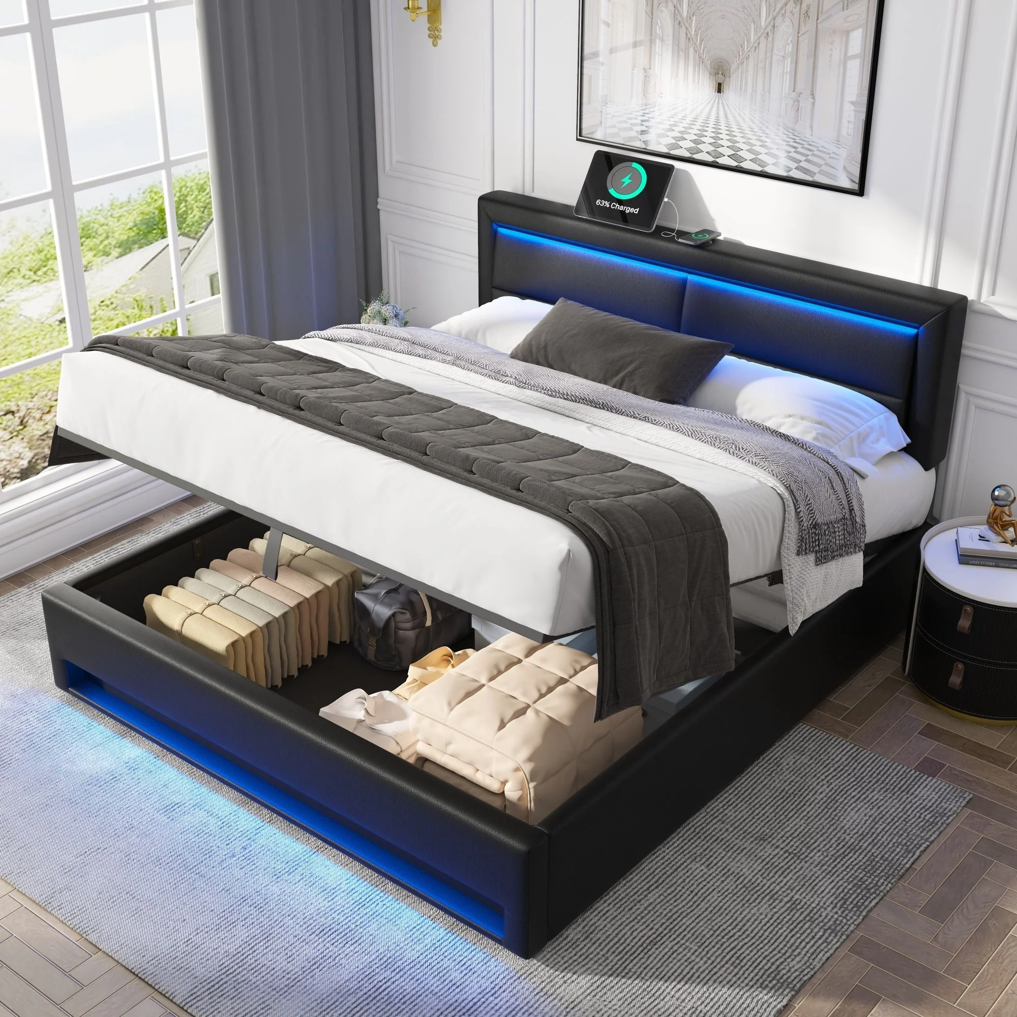 Upholstered Bed with USB Port, LED Lighting and Storage, 140x190cm, Black PU Leather - Image 4