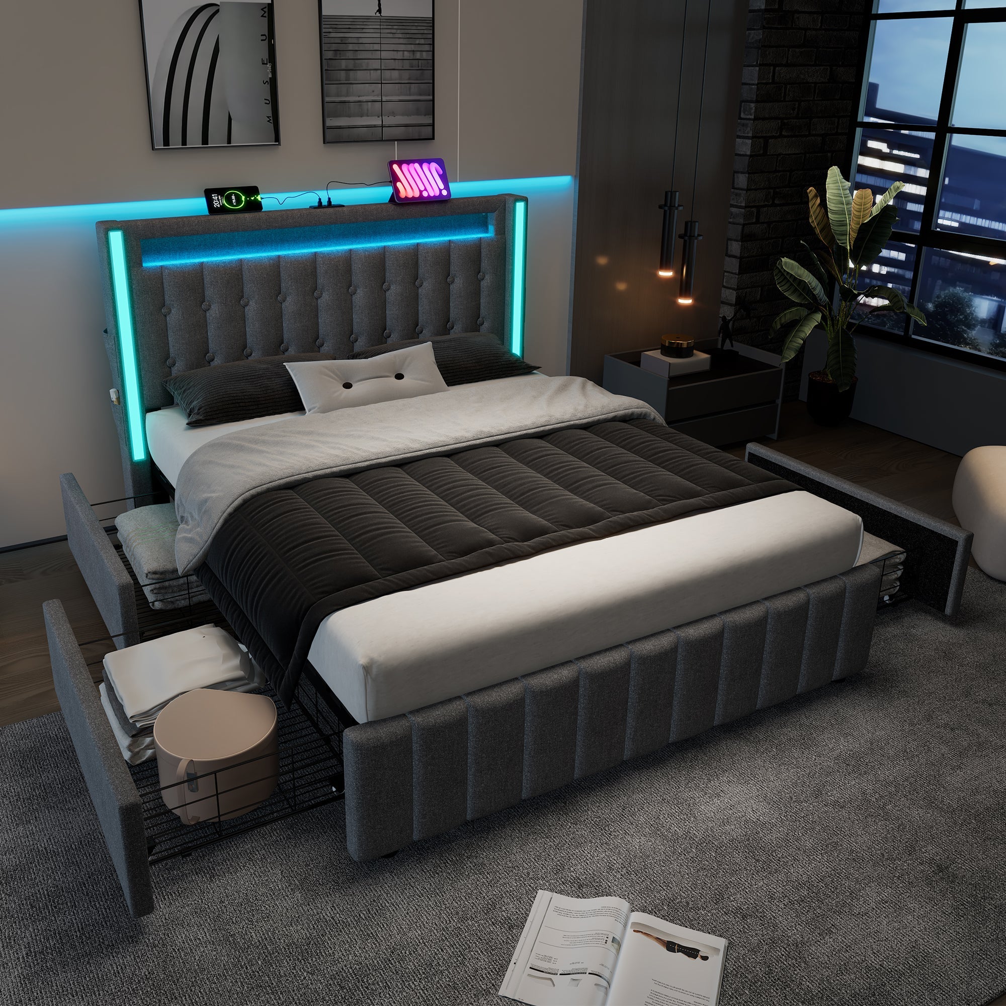Upholstered Bed with USB Type C, LED & 4 Drawers, 160x200cm, Gray Wood - Image 10