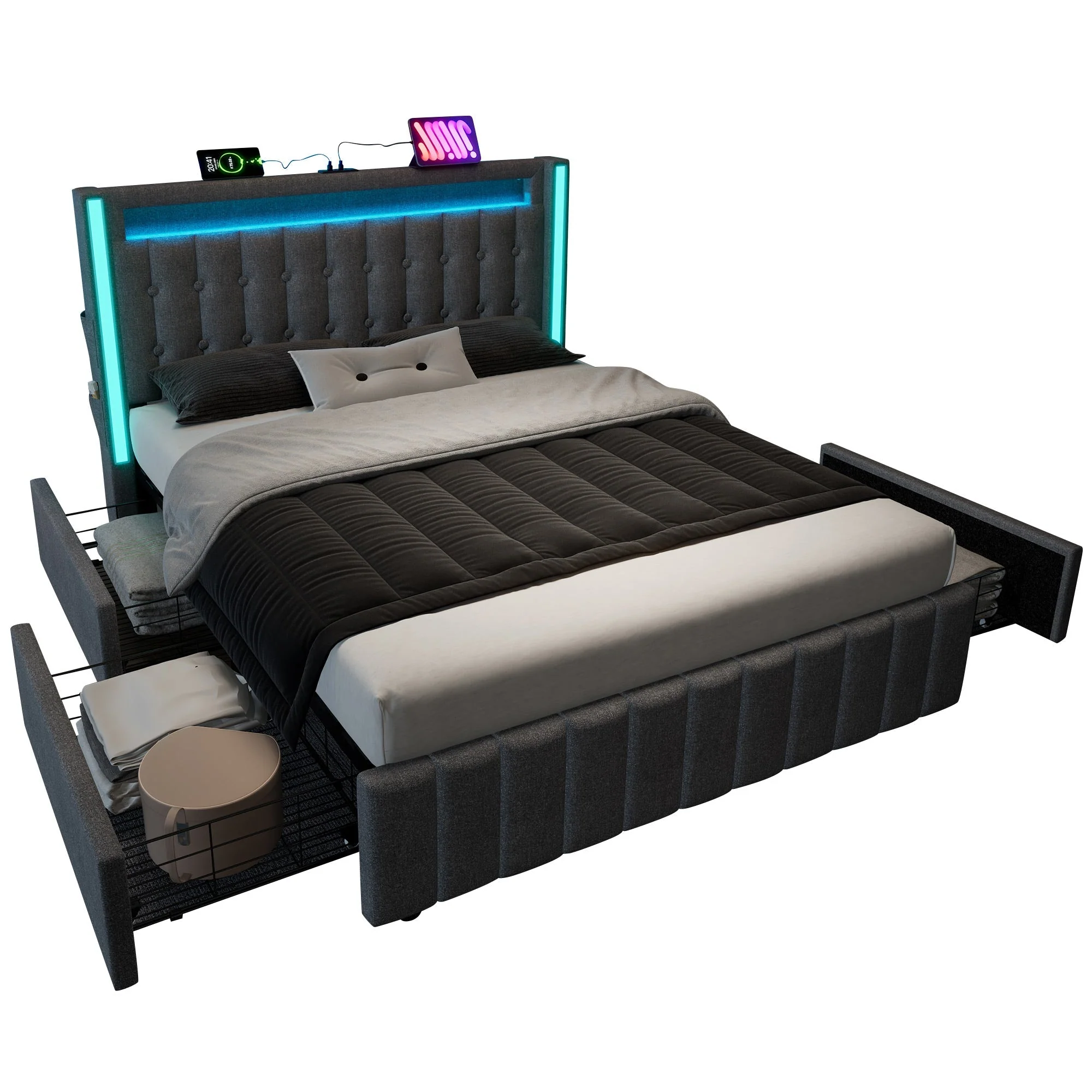 Upholstered Bed with USB Type C, LED & 4 Drawers, 160x200cm, Gray Wood - Image 9