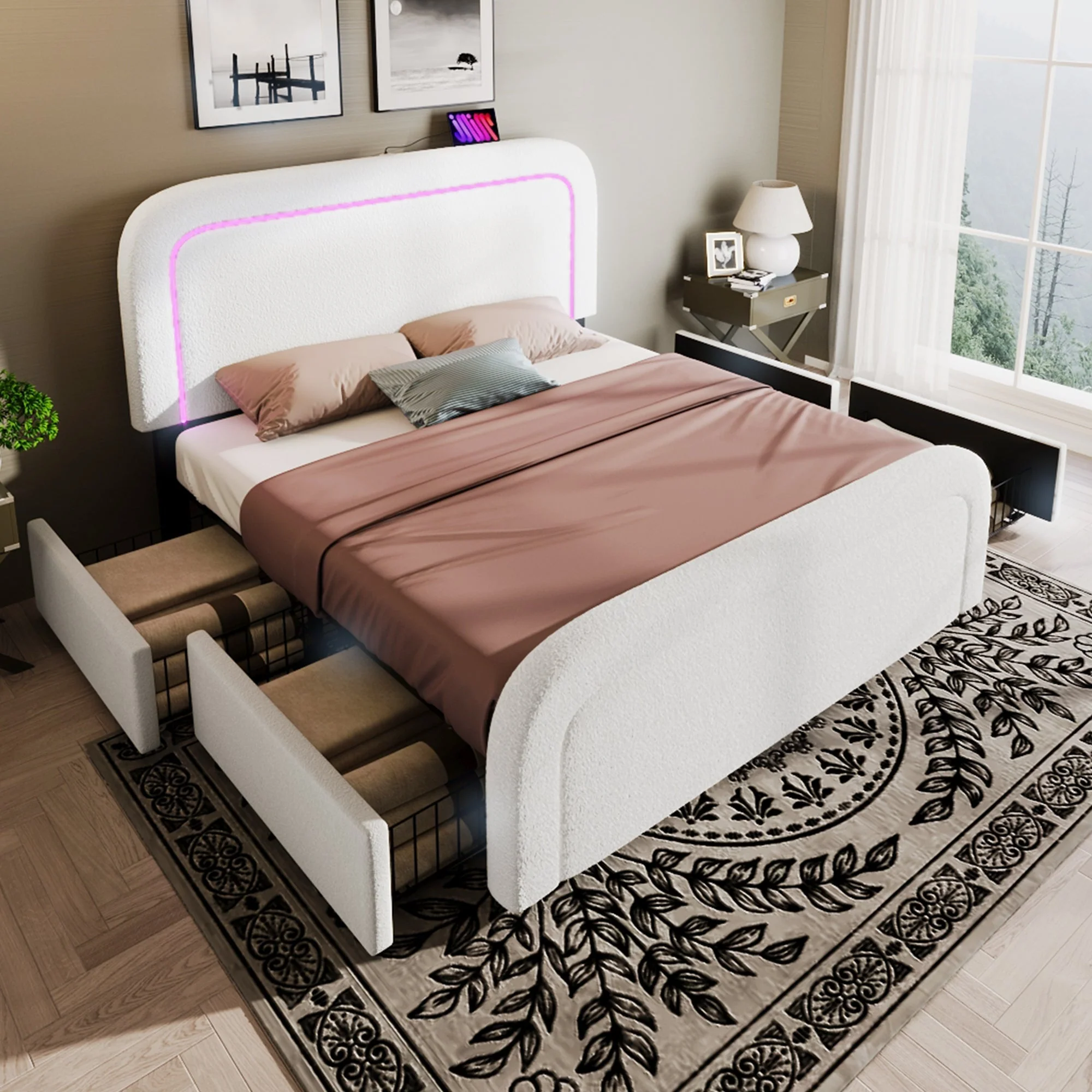 Upholstered Bed with USB Type C, LED Lighting and 4 Drawers, 160x200cm, Sherpa White with Mattress - Image 7
