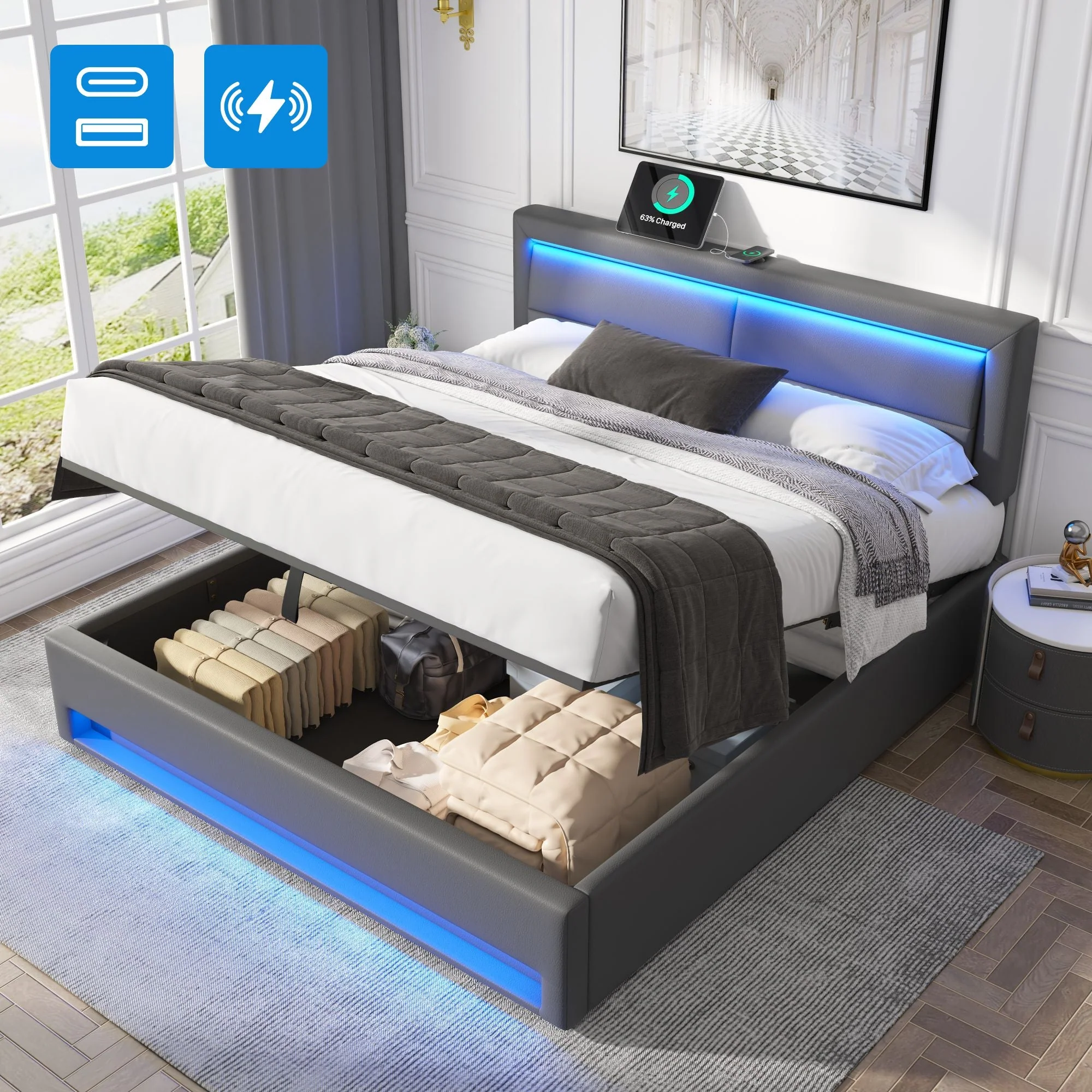 Upholstered Bed with Wireless Charging, USB Port, LED Lighting and Storage, 160x200cm, Grey PU Lychee Pattern