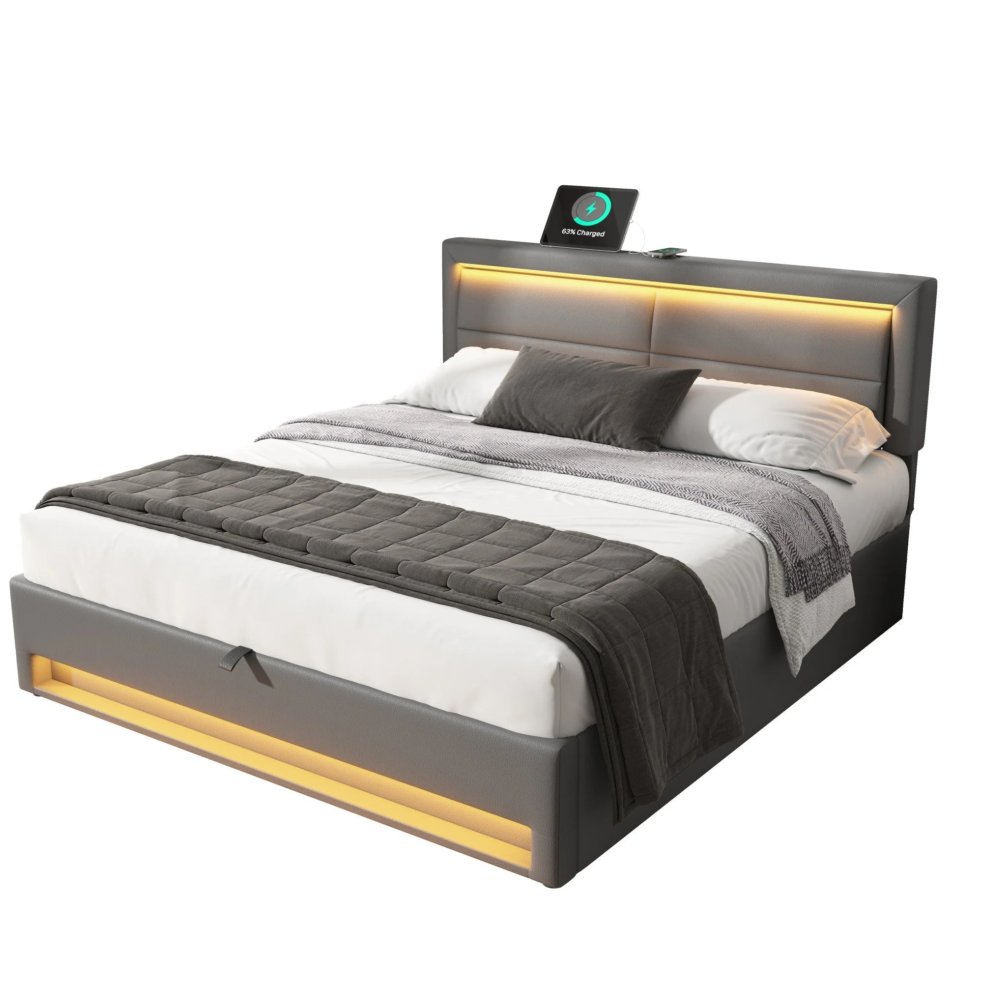 Upholstered Bed with Wireless Charging, USB Port, LED Lighting and Storage, 160x200cm, Grey PU Lychee Pattern - Image 7