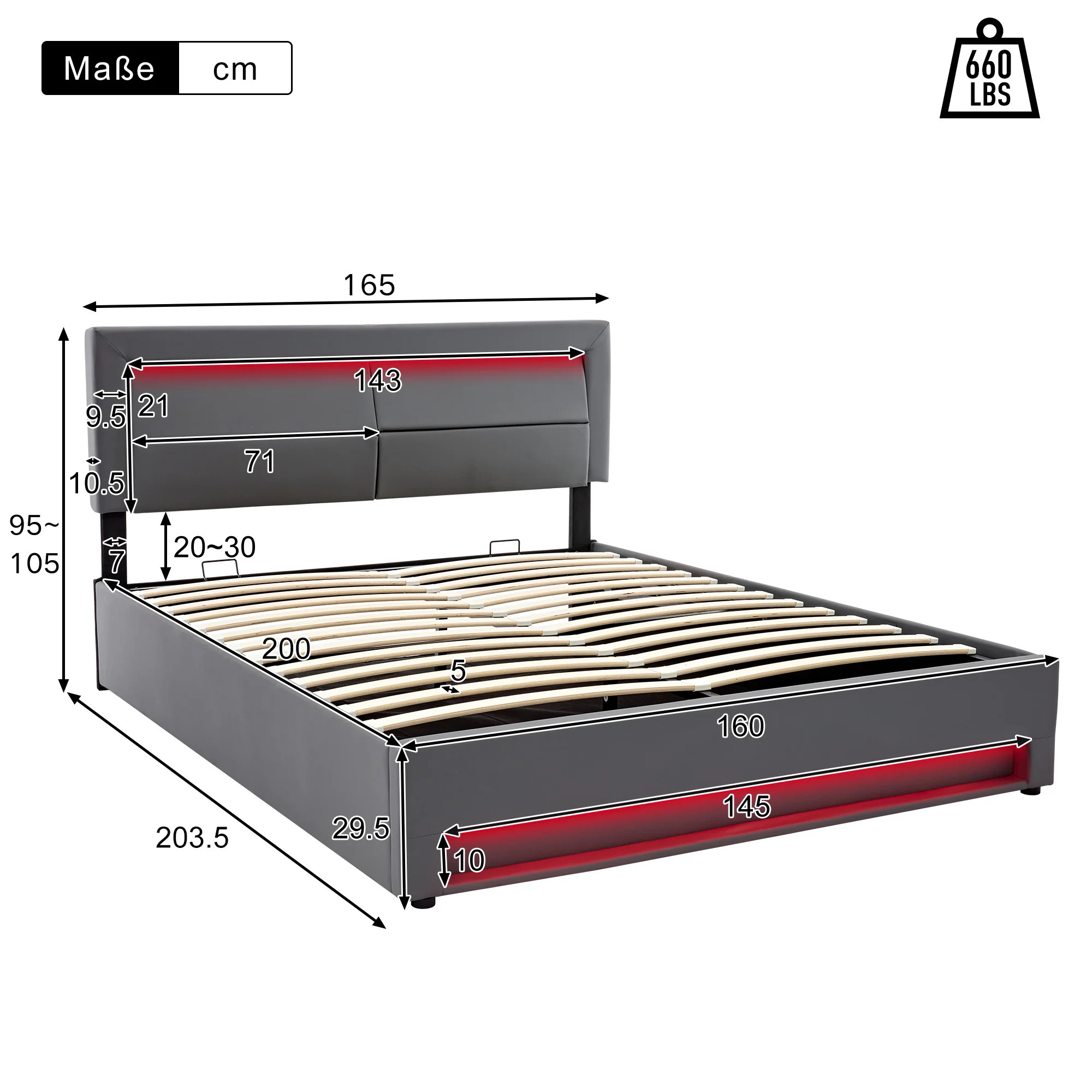 Upholstered Bed with Wireless Charging, USB Port, LED Lighting and Storage, 160x200cm, Grey PU Lychee Pattern - Image 8