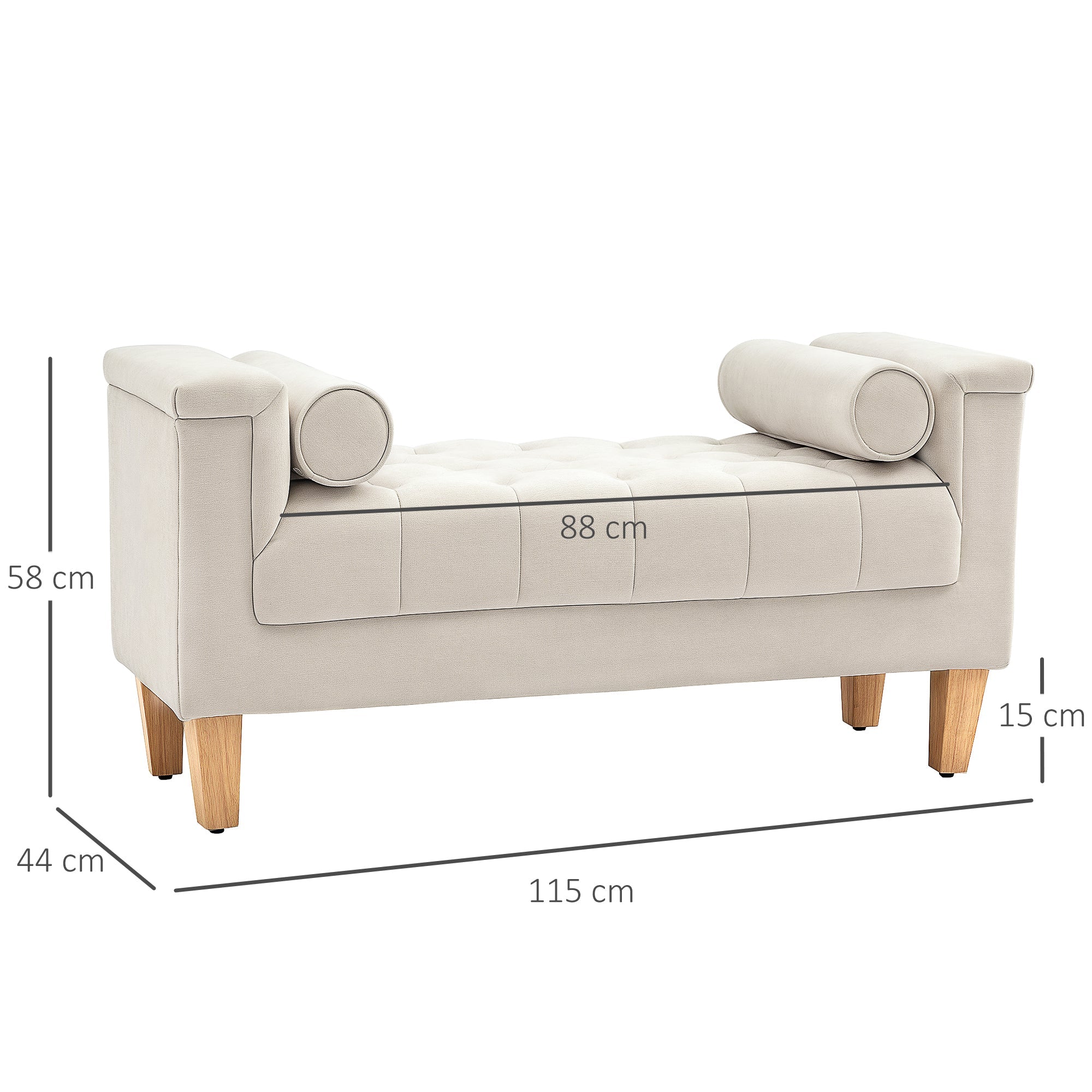 Upholstered Bench, Armrest Bed Bench, 2 Cylinder Cushions, Wooden Frame, Beige Chenille - Image 3