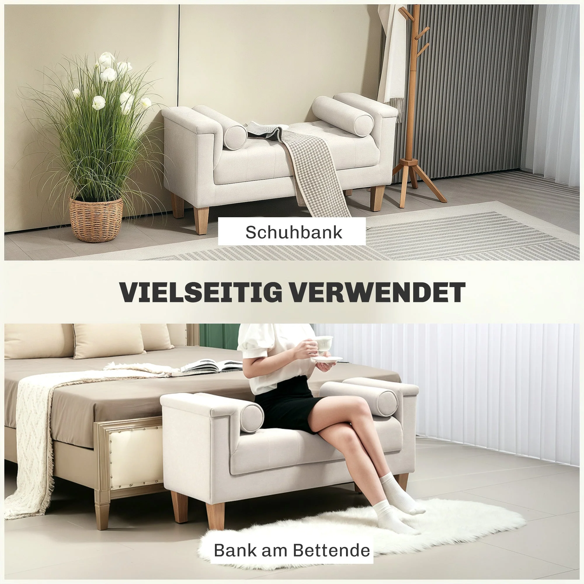 Upholstered Bench, Armrest Bed Bench, 2 Cylinder Cushions, Wooden Frame, Beige Chenille - Image 6