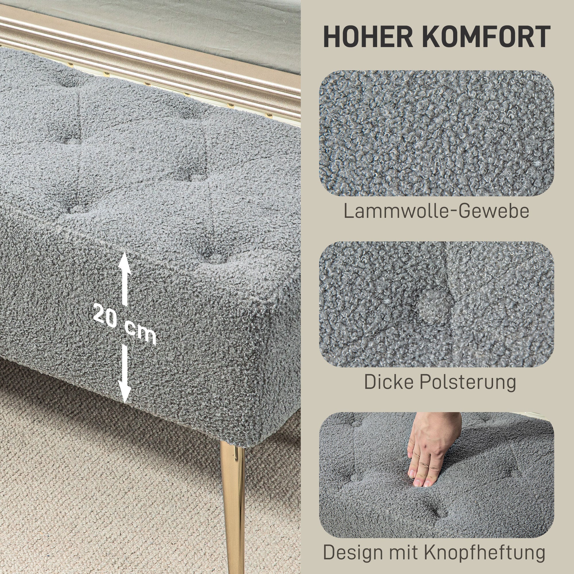 Upholstered Bench, Button Stitching, Steel Legs, Grey - Image 4