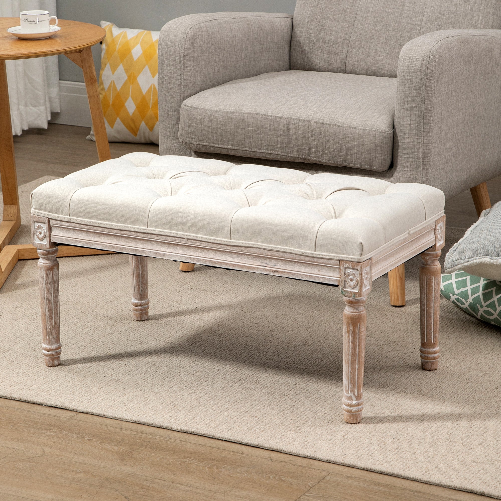 Upholstered Bench Footstool Padded Seat Wooden Legs, Linen Look Cream White