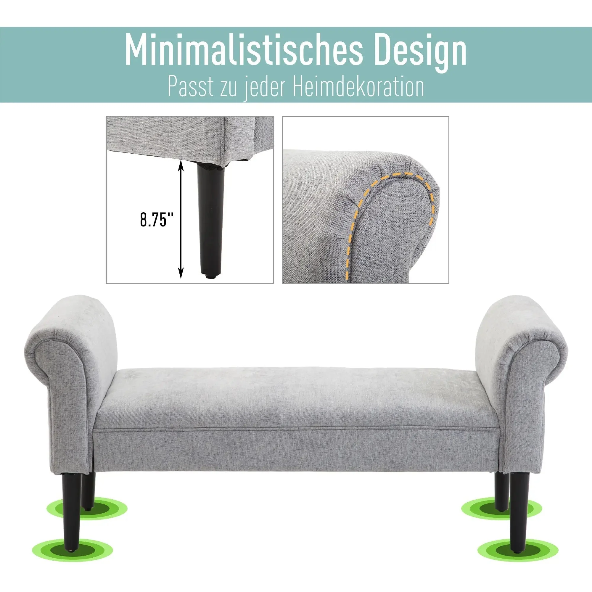 Upholstered Bench, Lounge & Hallway Seating, Linen Fabric, Light Grey - Image 5