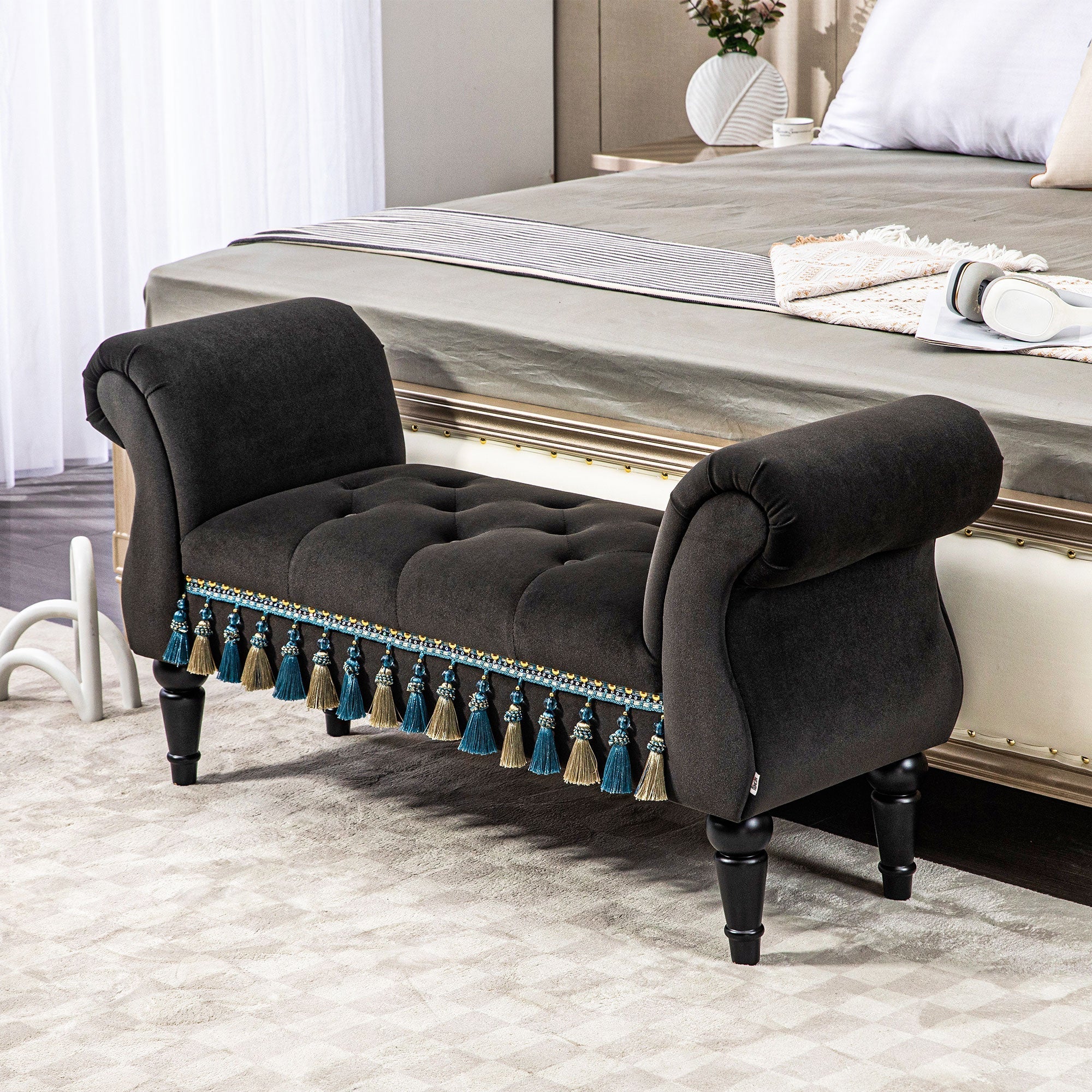 Upholstered Bench, Storage Armrest Wooden Legs, Dark Grey - Image 2