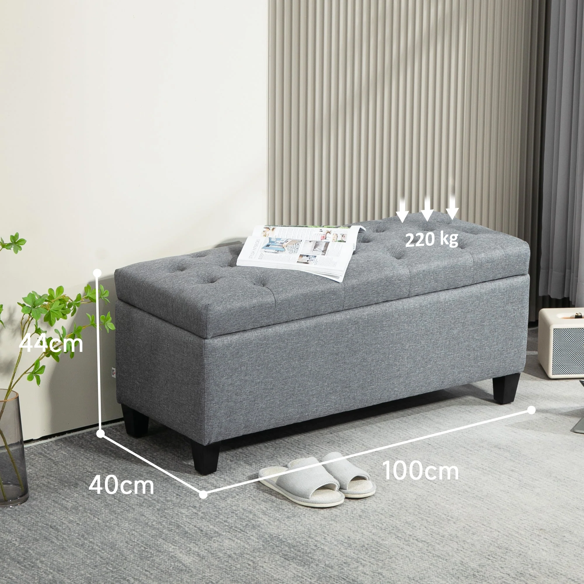 Upholstered Bench Storage Chest Hallway Bedroom 100x40x44 cm, Light Grey Polyester/Rubberwood - Image 3