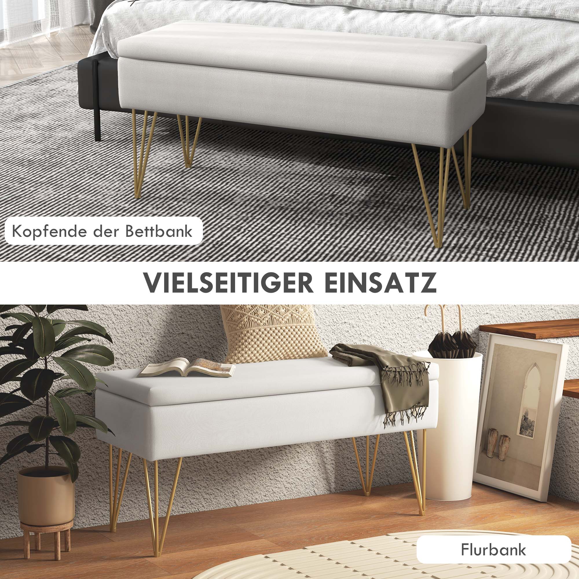 Upholstered Bench, Storage Steel Legs, Cream - Image 7