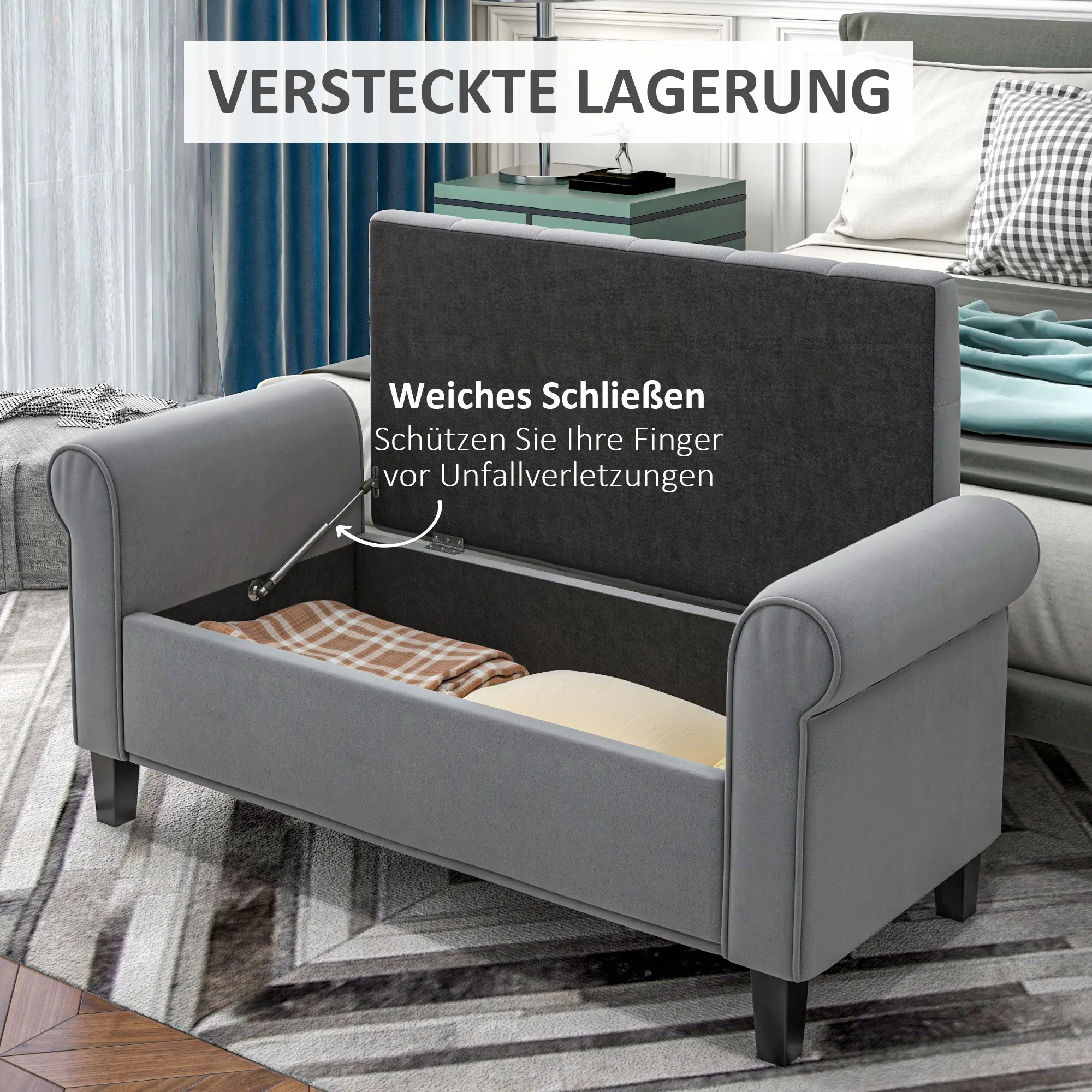 Upholstered Bench Storage Velvet Look Grey - Image 4
