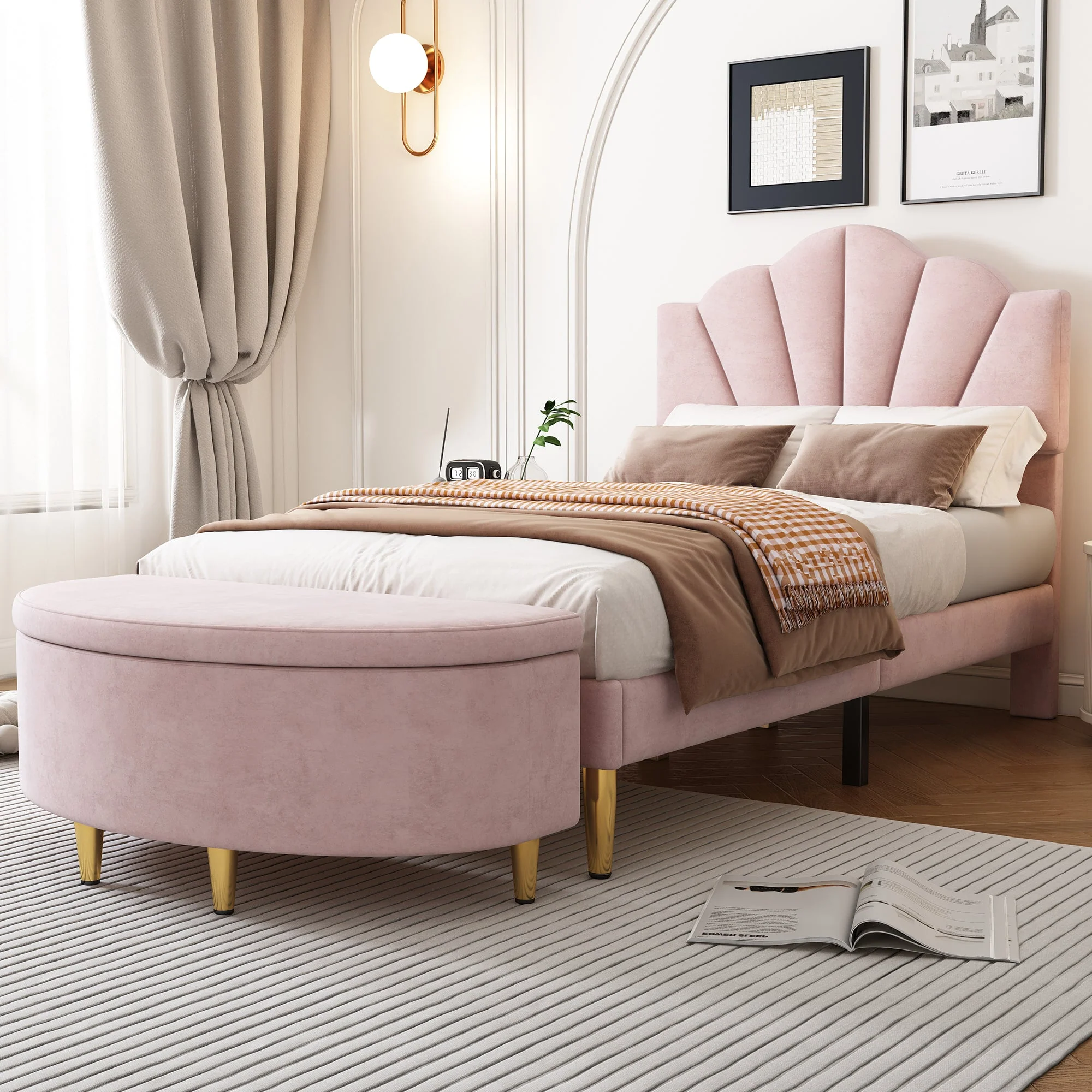 Upholstered Bench Velvet Storage Metal Legs 90x40x42cm - Pink - Image 2