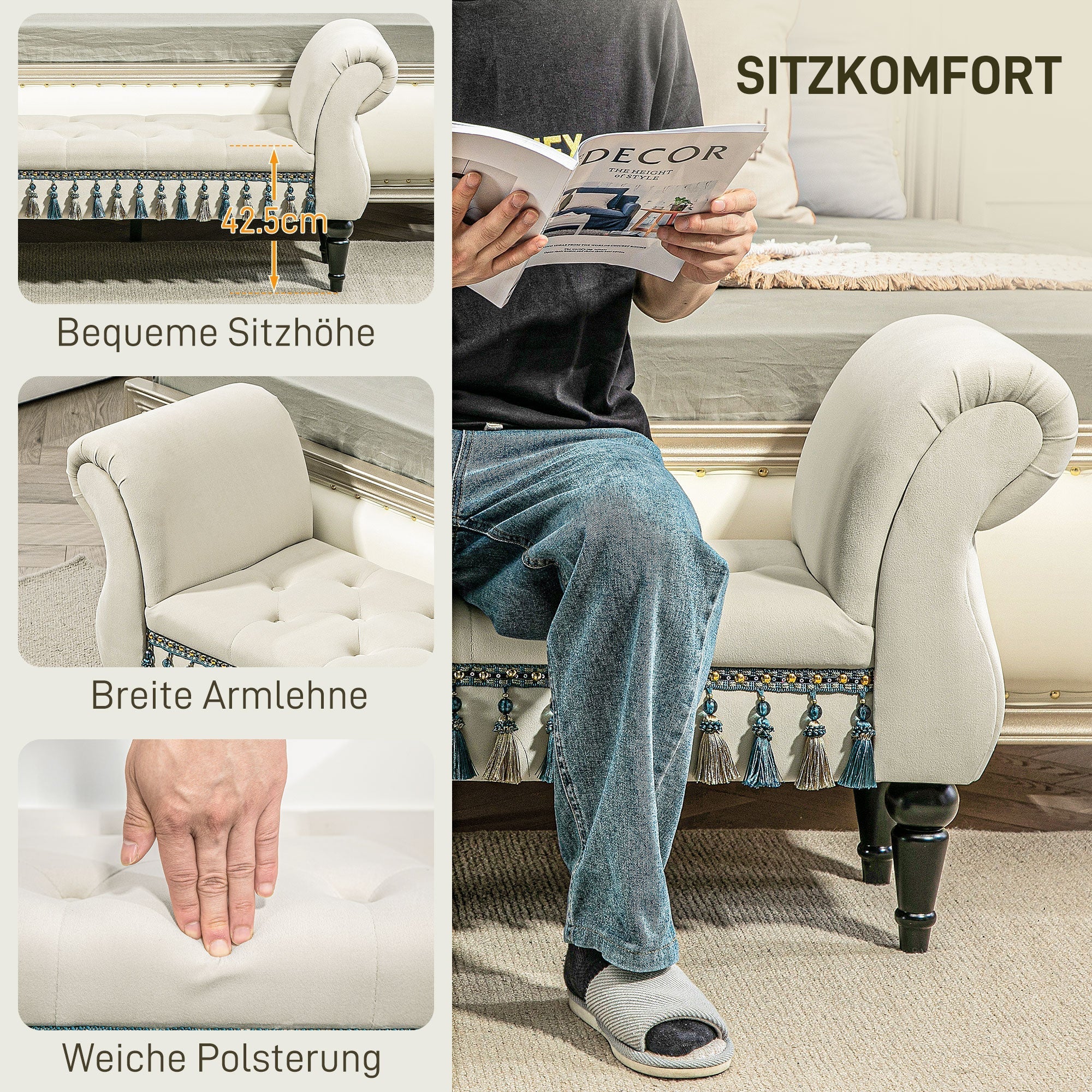 Upholstered Bench with Armrests, Vintage Design, Beige Velvet - Image 6