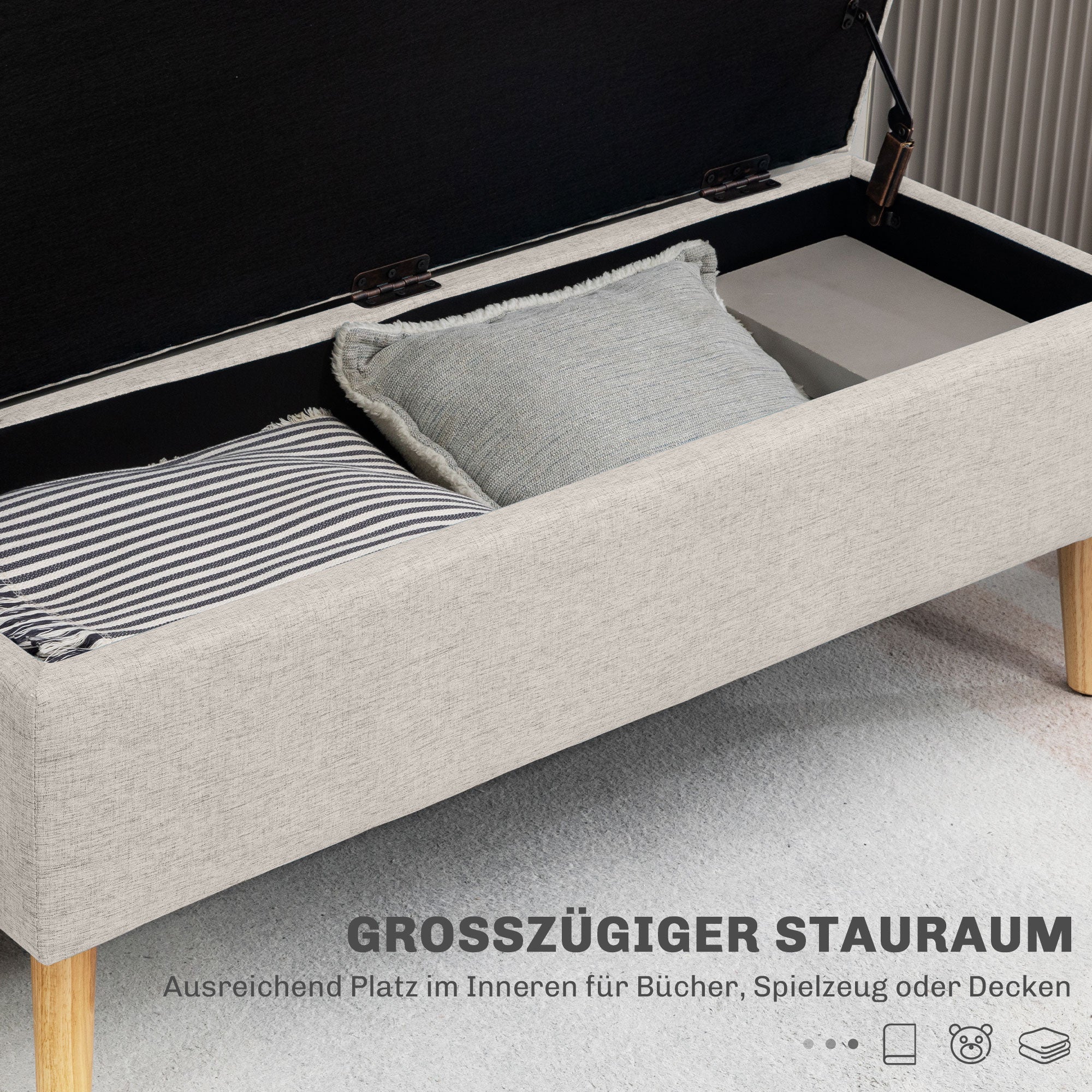 Upholstered Bench with Storage, 110 x 39 x 45 cm, Linen Beige - Image 4