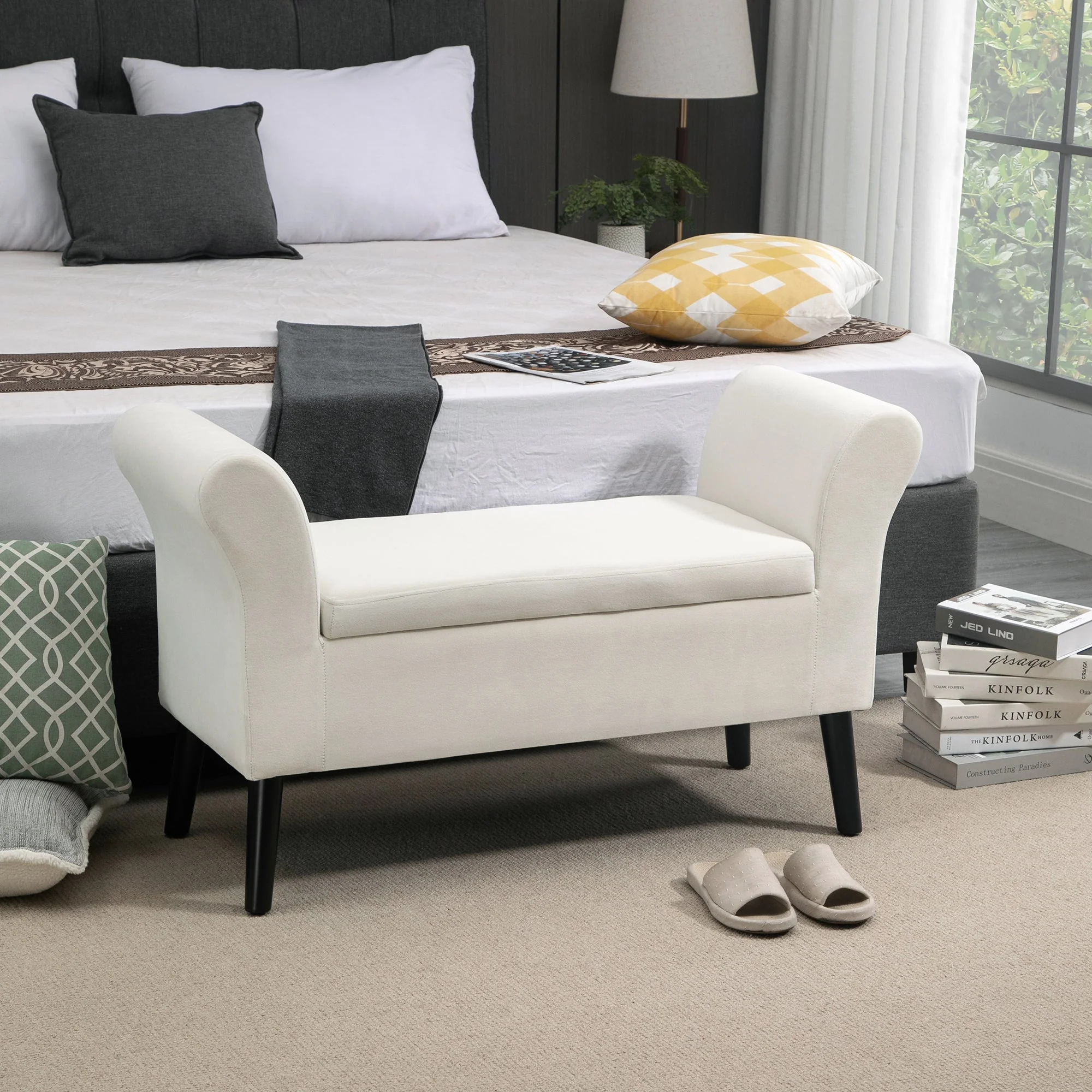Upholstered Bench with Storage, Armrest, Velvet Polyester, Cream White - Image 2