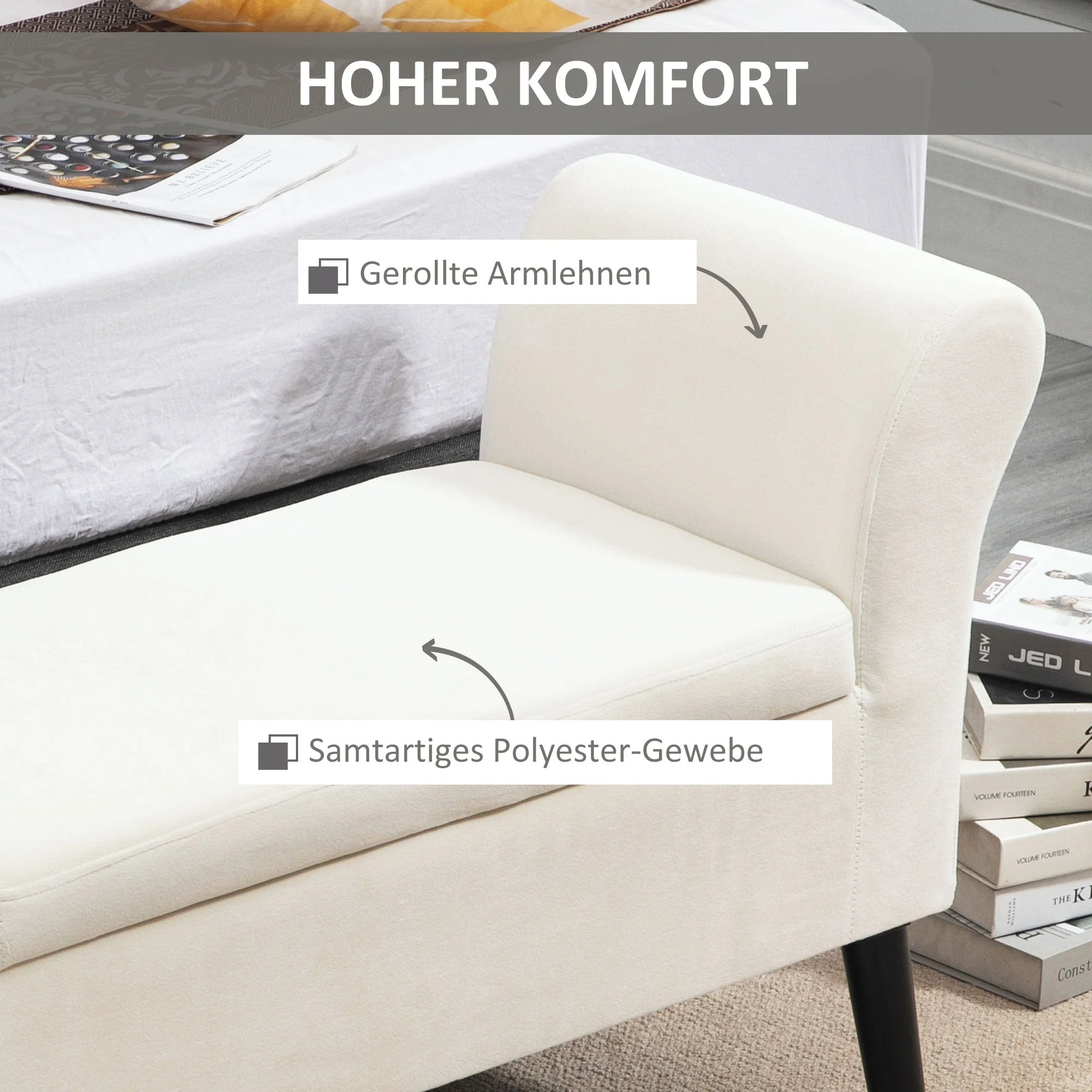 Upholstered Bench with Storage, Armrest, Velvet Polyester, Cream White - Image 5