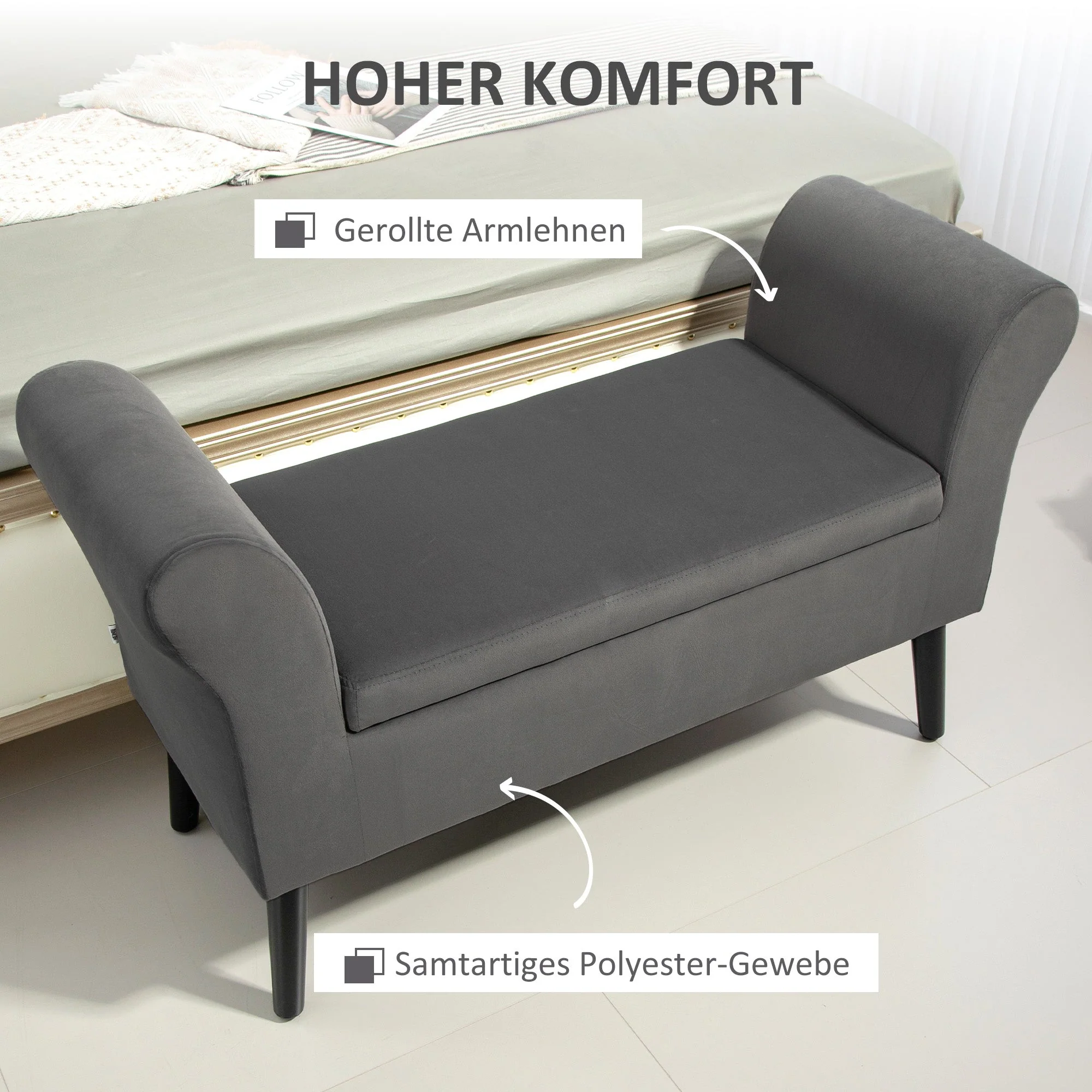 Upholstered Bench with Storage Space, Armrests, Dark Grey Velvet - Image 8