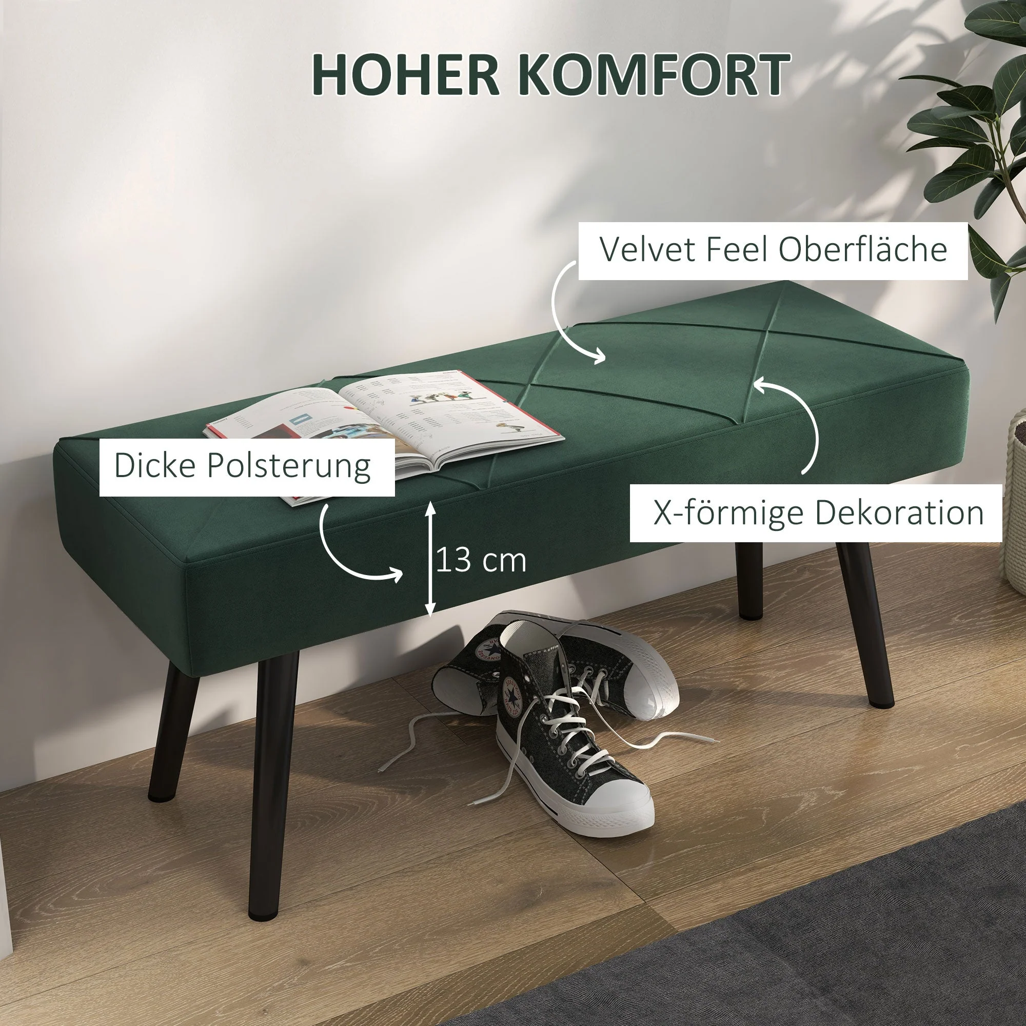 Upholstered Bench X-Pattern Seat, Bed, Hallway, Velvet Look, Green - Image 4