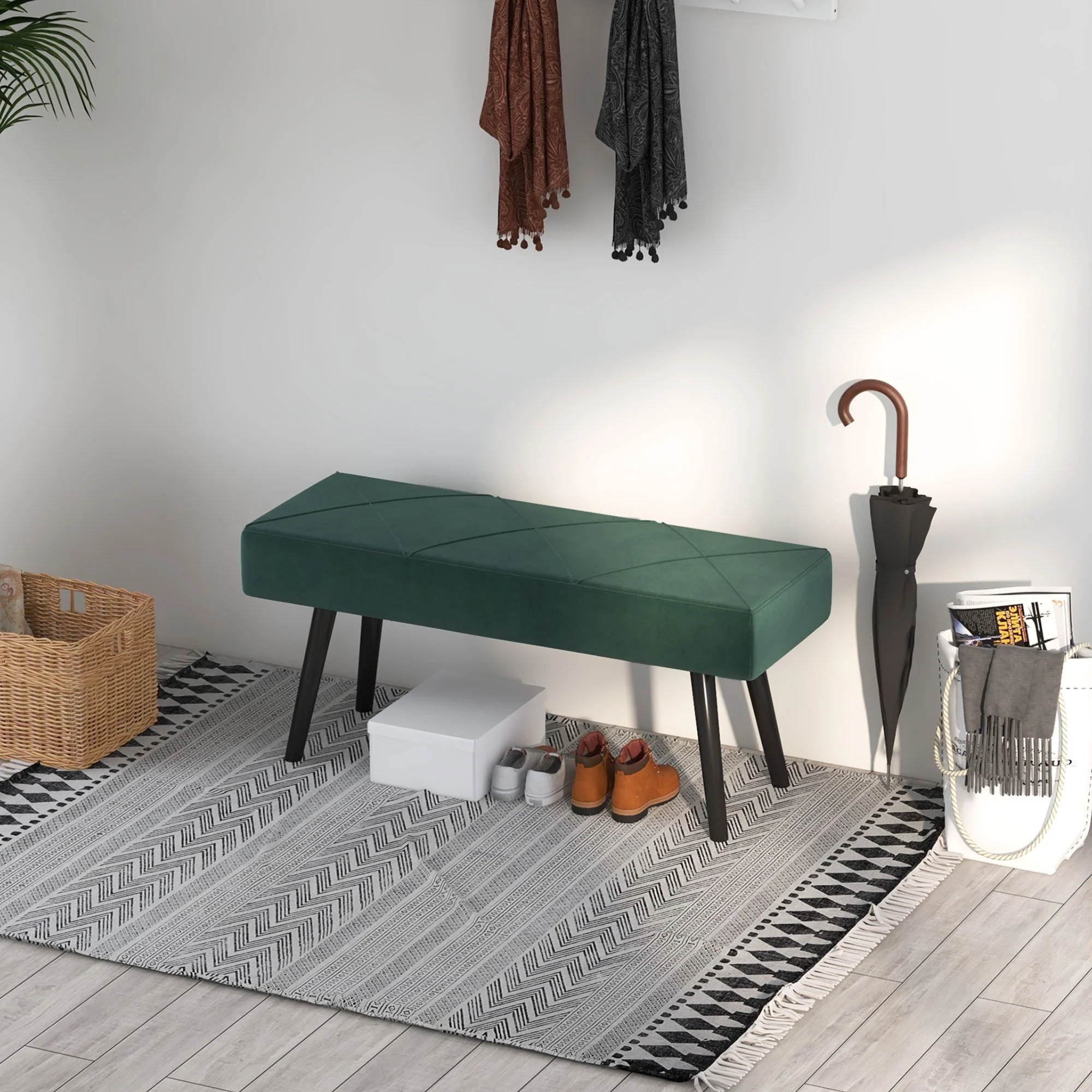 Upholstered Bench X-Pattern Seat, Bed, Hallway, Velvet Look, Green - Image 7