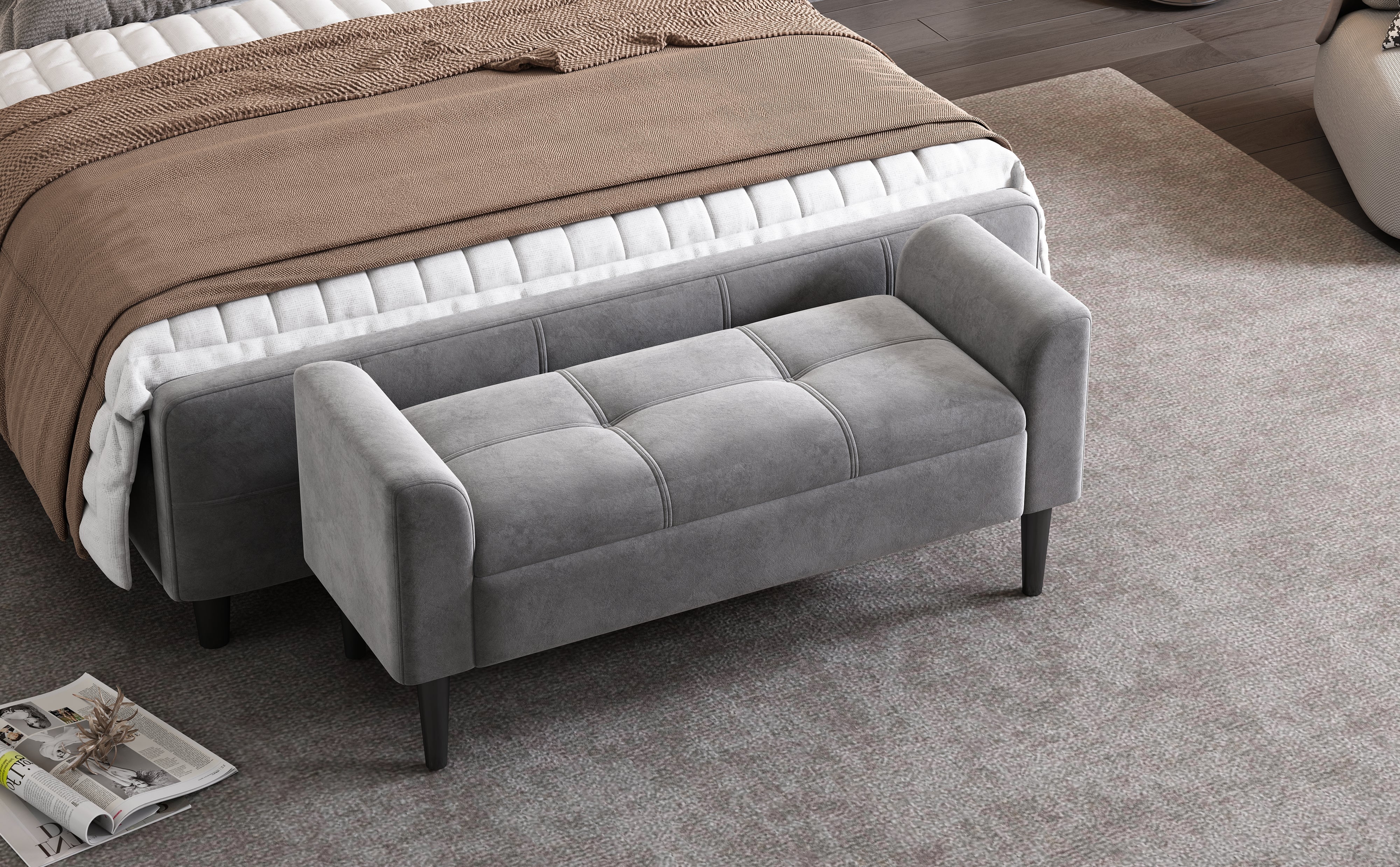 Upholstered Benches with Armrests, Quilted Pattern, Velvet, Grey - Image 4
