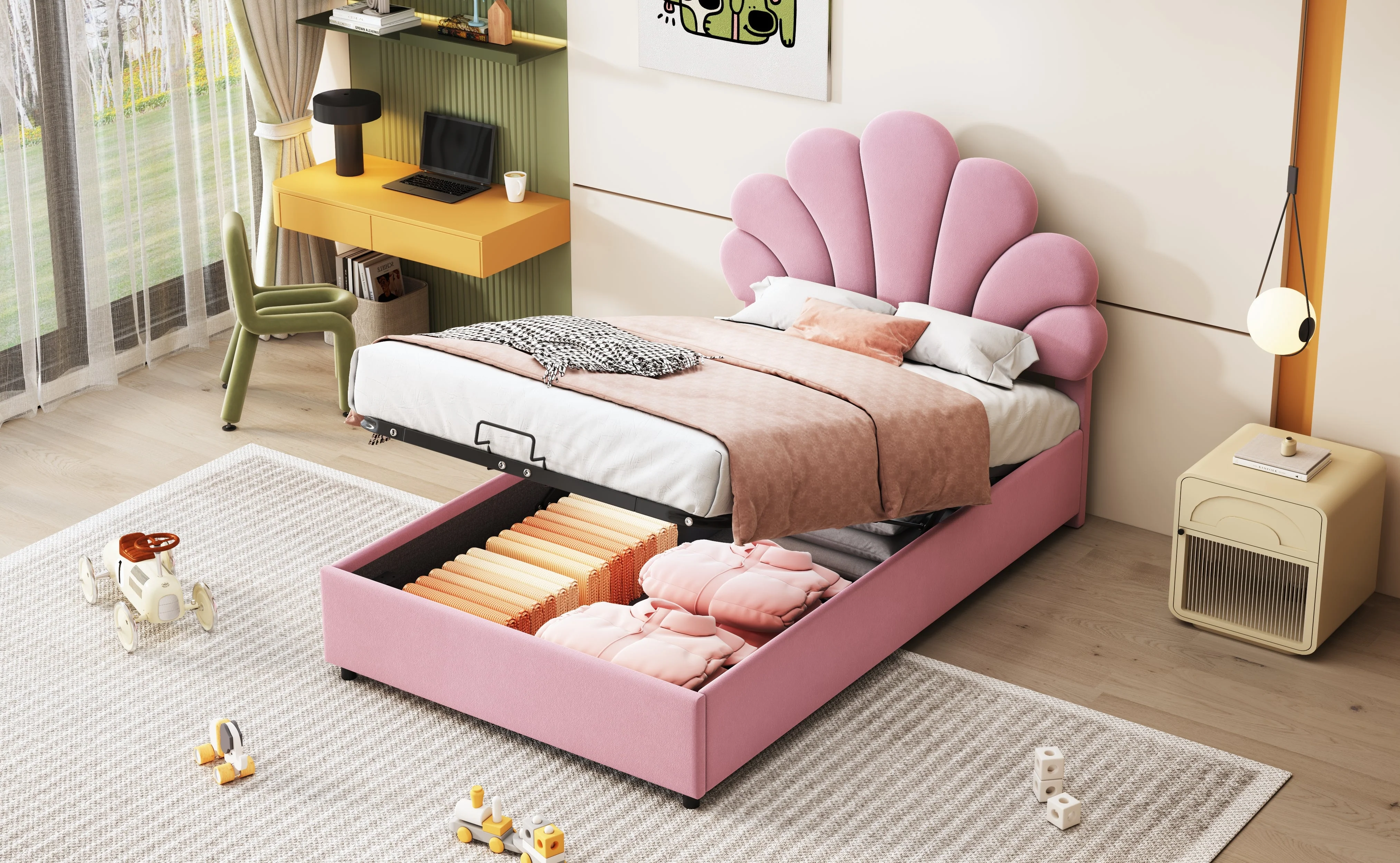 Upholstered Children's Bed 90 x 200 cm, Floral Headboard, Hydraulic Storage, Pink Velvet - Image 10