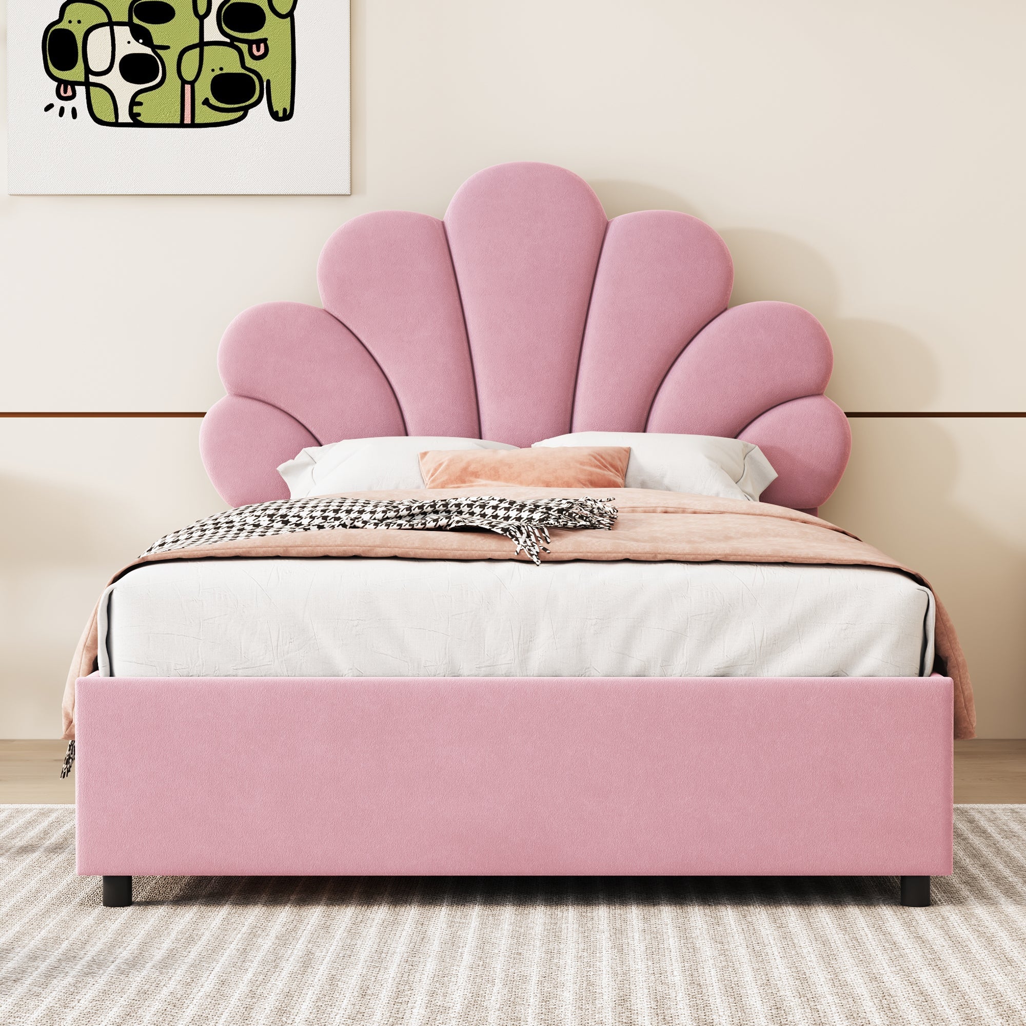 Upholstered Children's Bed 90 x 200 cm, Floral Headboard, Hydraulic Storage, Pink Velvet - Image 3