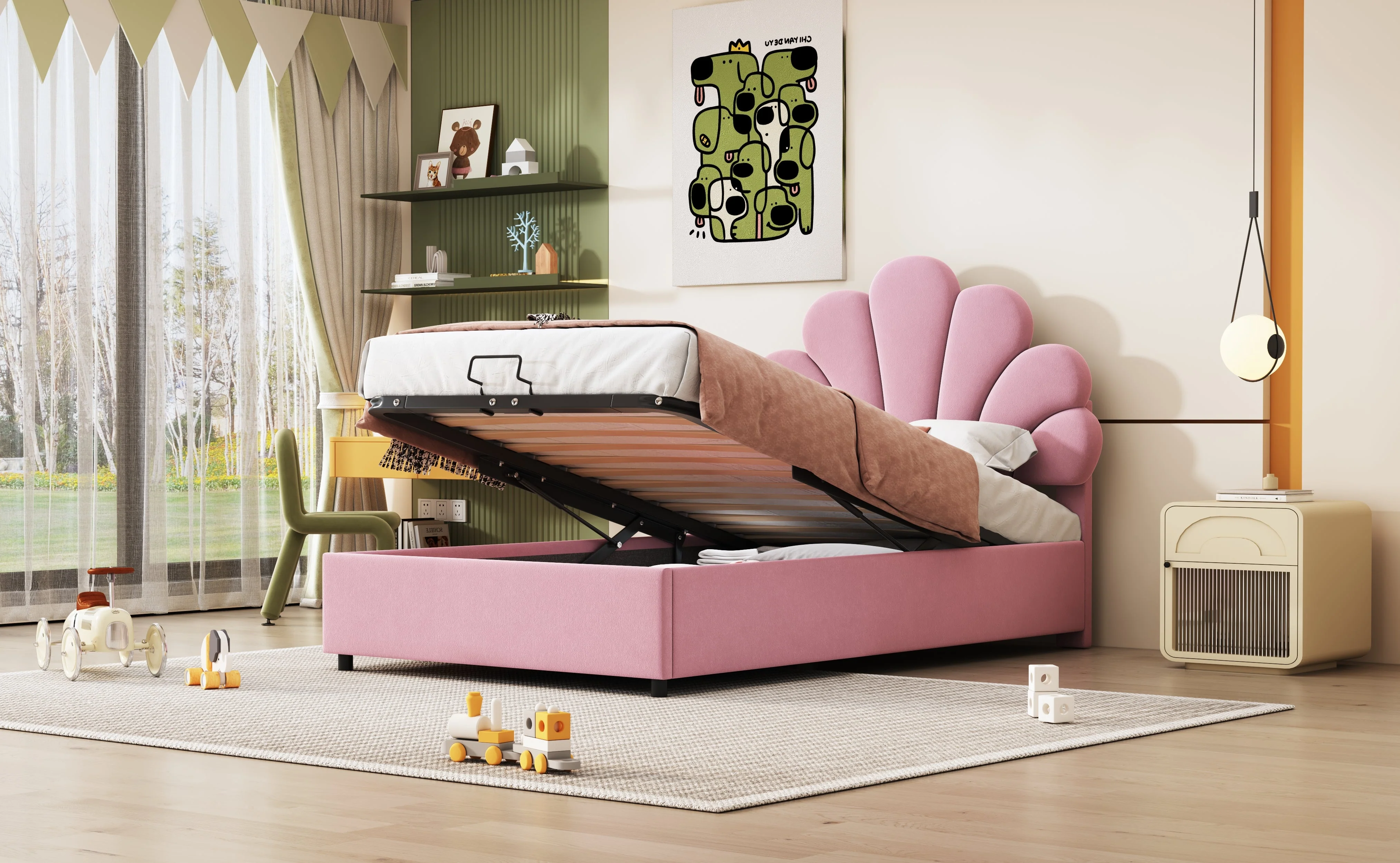 Upholstered Children's Bed 90 x 200 cm, Floral Headboard, Hydraulic Storage, Pink Velvet - Image 4