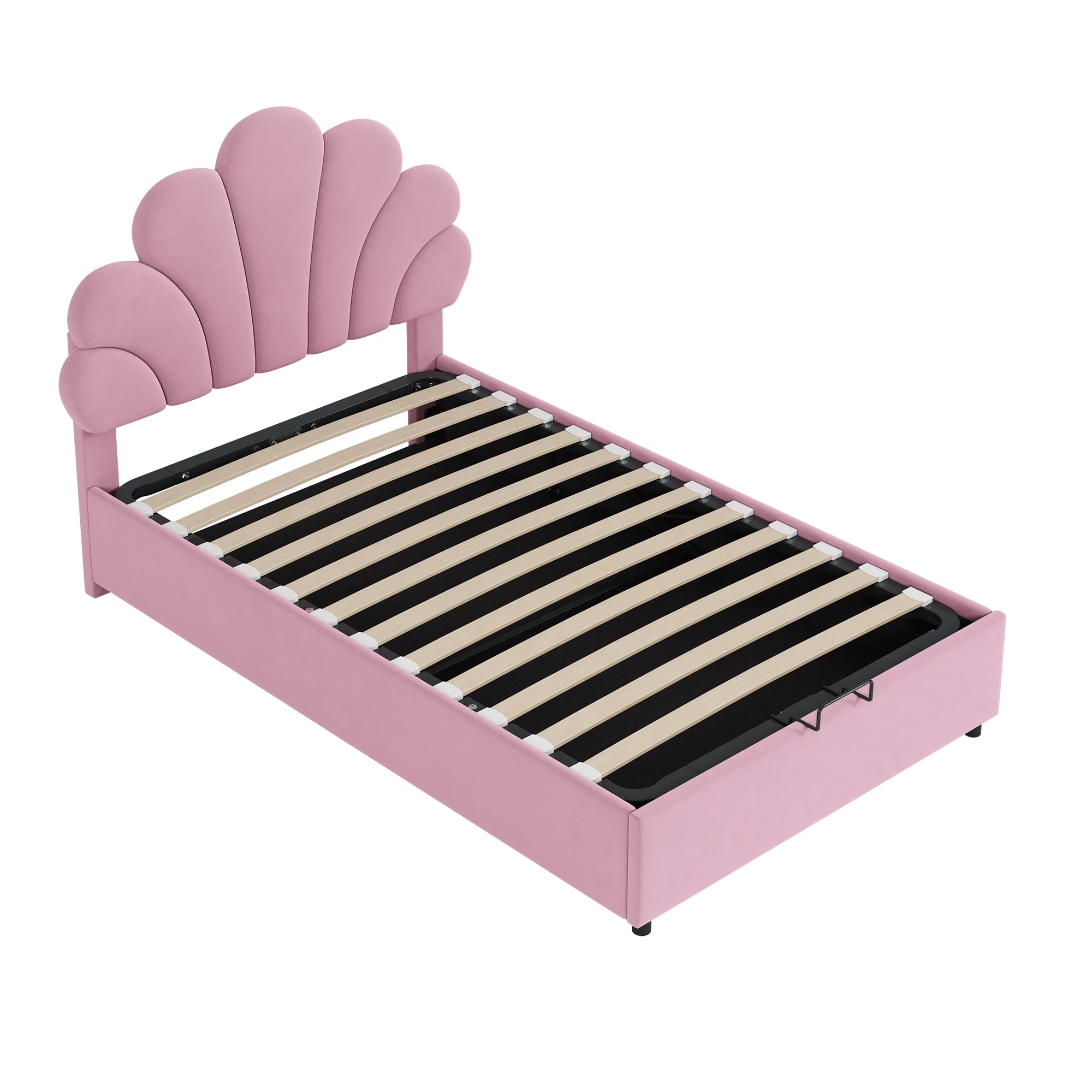 Upholstered Children's Bed 90 x 200 cm, Floral Headboard, Hydraulic Storage, Pink Velvet - Image 7