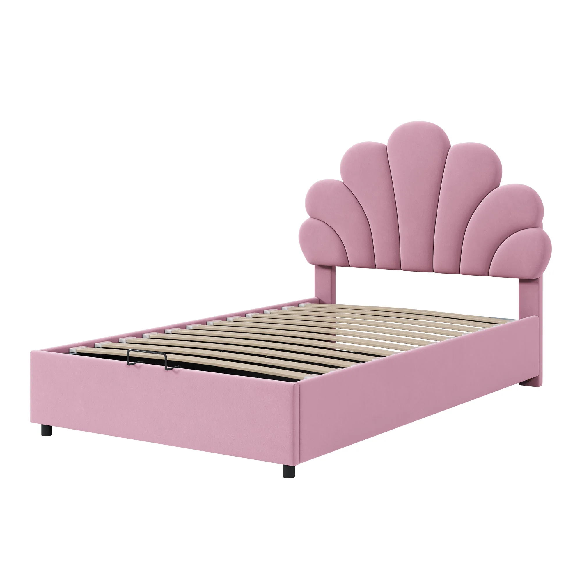 Upholstered Children's Bed 90 x 200 cm, Floral Headboard, Hydraulic Storage, Pink Velvet - Image 8