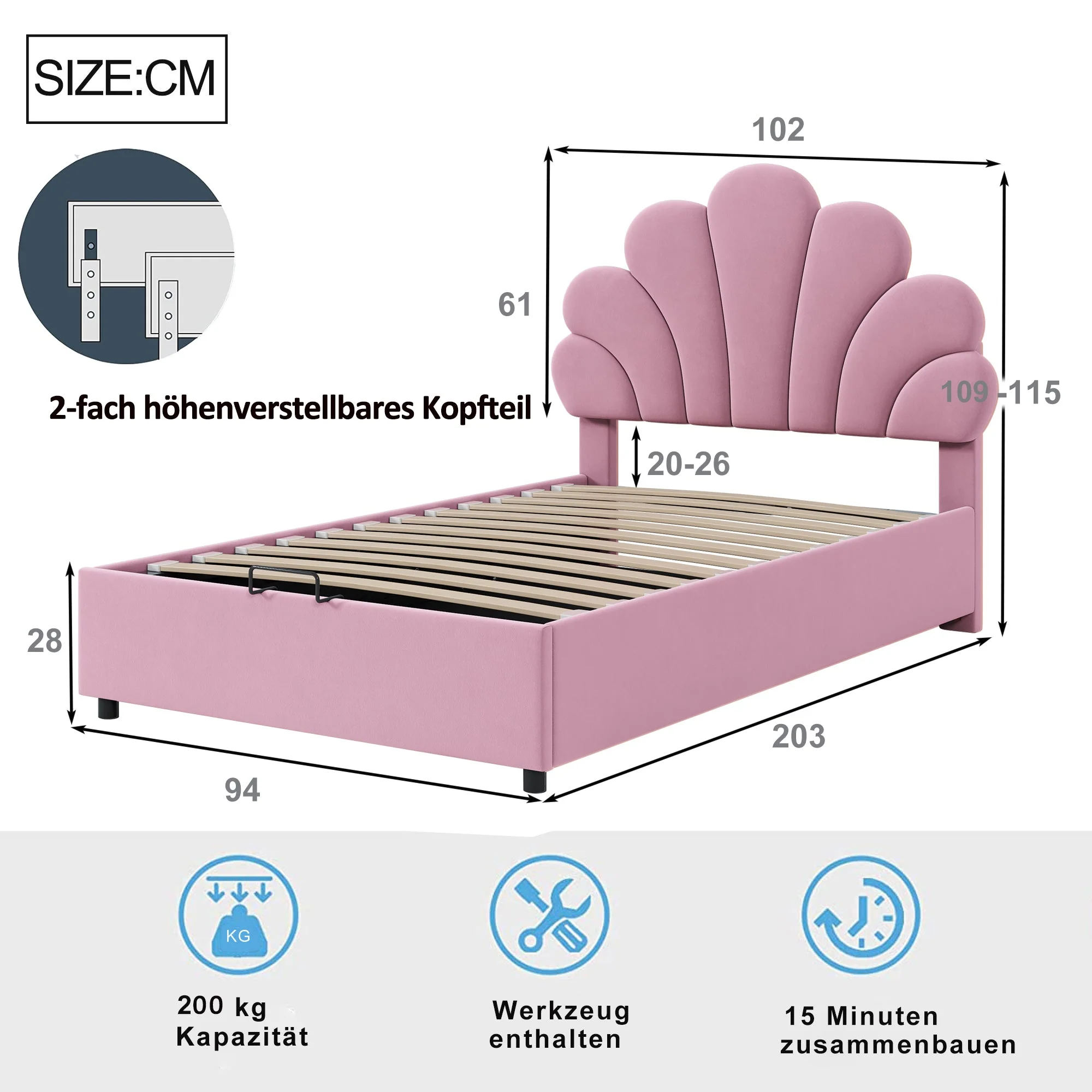 Upholstered Children's Bed 90 x 200 cm, Floral Headboard, Hydraulic Storage, Pink Velvet - Image 9
