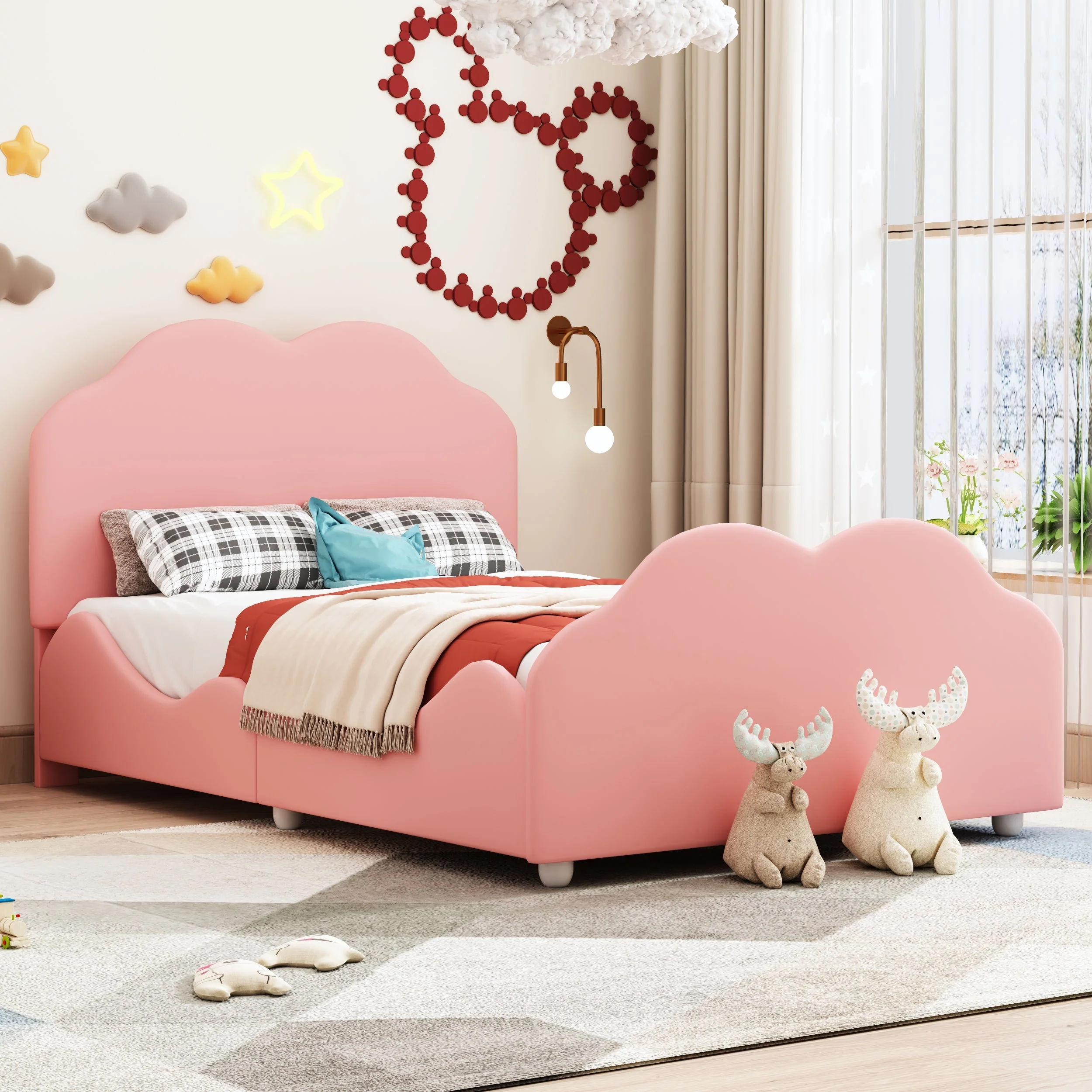 Upholstered Children's Bed 90 x 200 cm with Railing, Cloud Headboard, Pink Velvet - Image 5