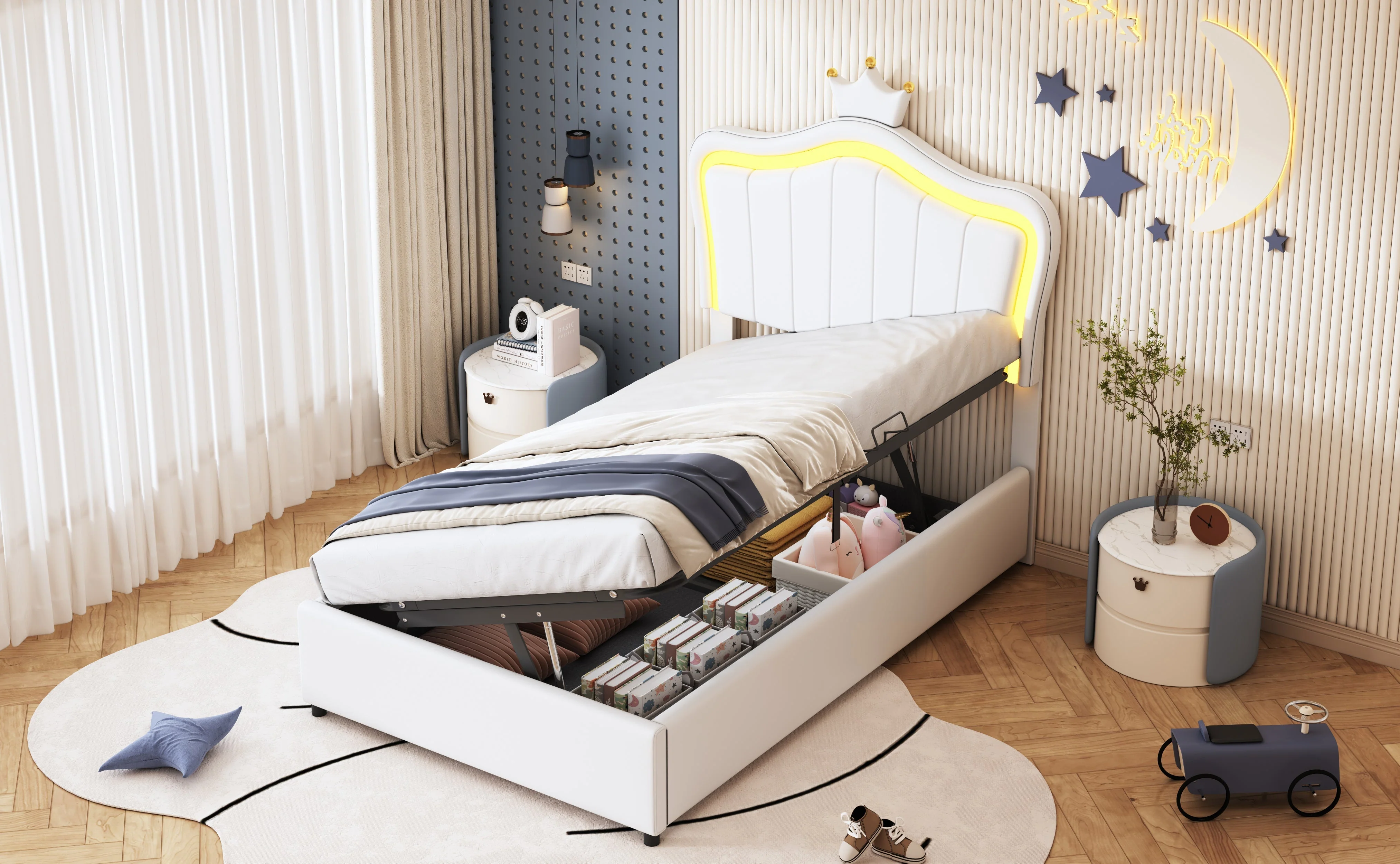 Upholstered Children's Bed 90x200 cm, Crown Design, LED Lighting, Hydraulic Storage, White Artificial Leather - Image 5