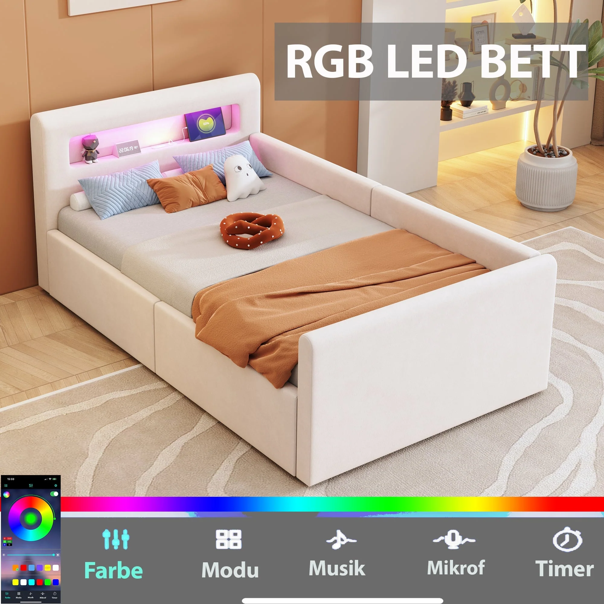 Upholstered Children's Bed 90x200 cm, LED/USB, Hydraulic Storage, Shelf, Velvet Fabric Beige - Image 6