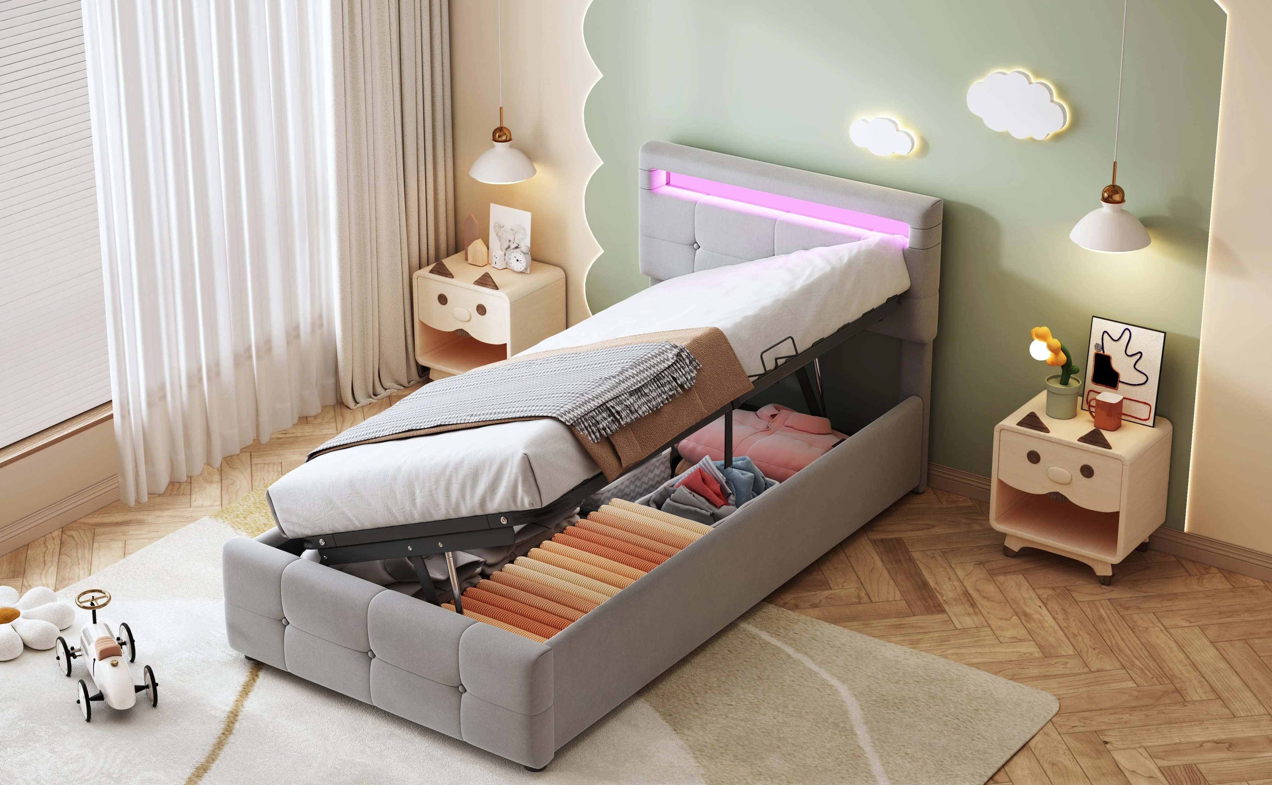 Upholstered Children's Bed, 90x200 cm with LED, Hydraulic Storage, Adjustable Headboard, Velvet Grey - Image 6