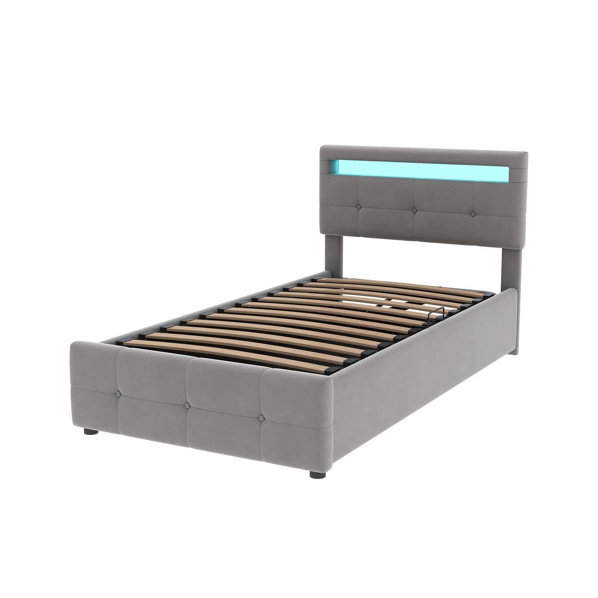 Upholstered Children's Bed, 90x200 cm with LED, Hydraulic Storage, Adjustable Headboard, Velvet Grey - Image 9