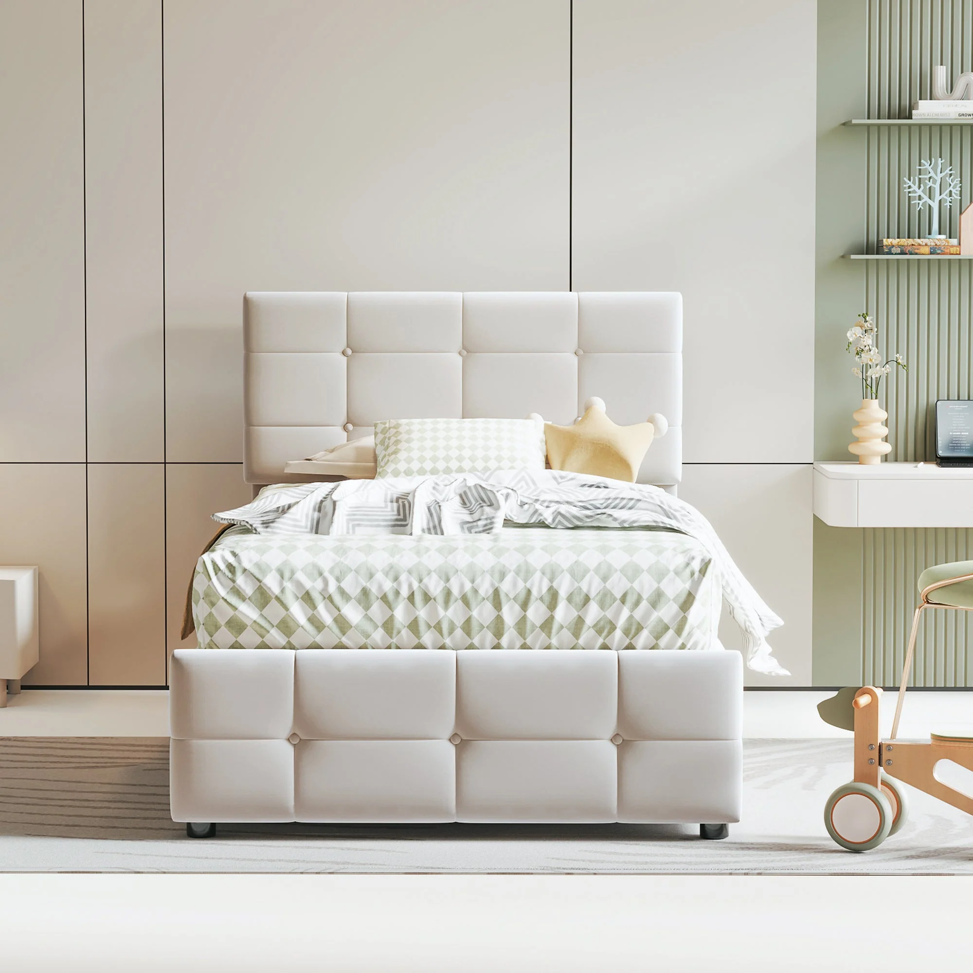 Upholstered Children's Bed 90x200cm, Hydraulic Storage, Adjustable Headboard, Velvet Beige - Image 3