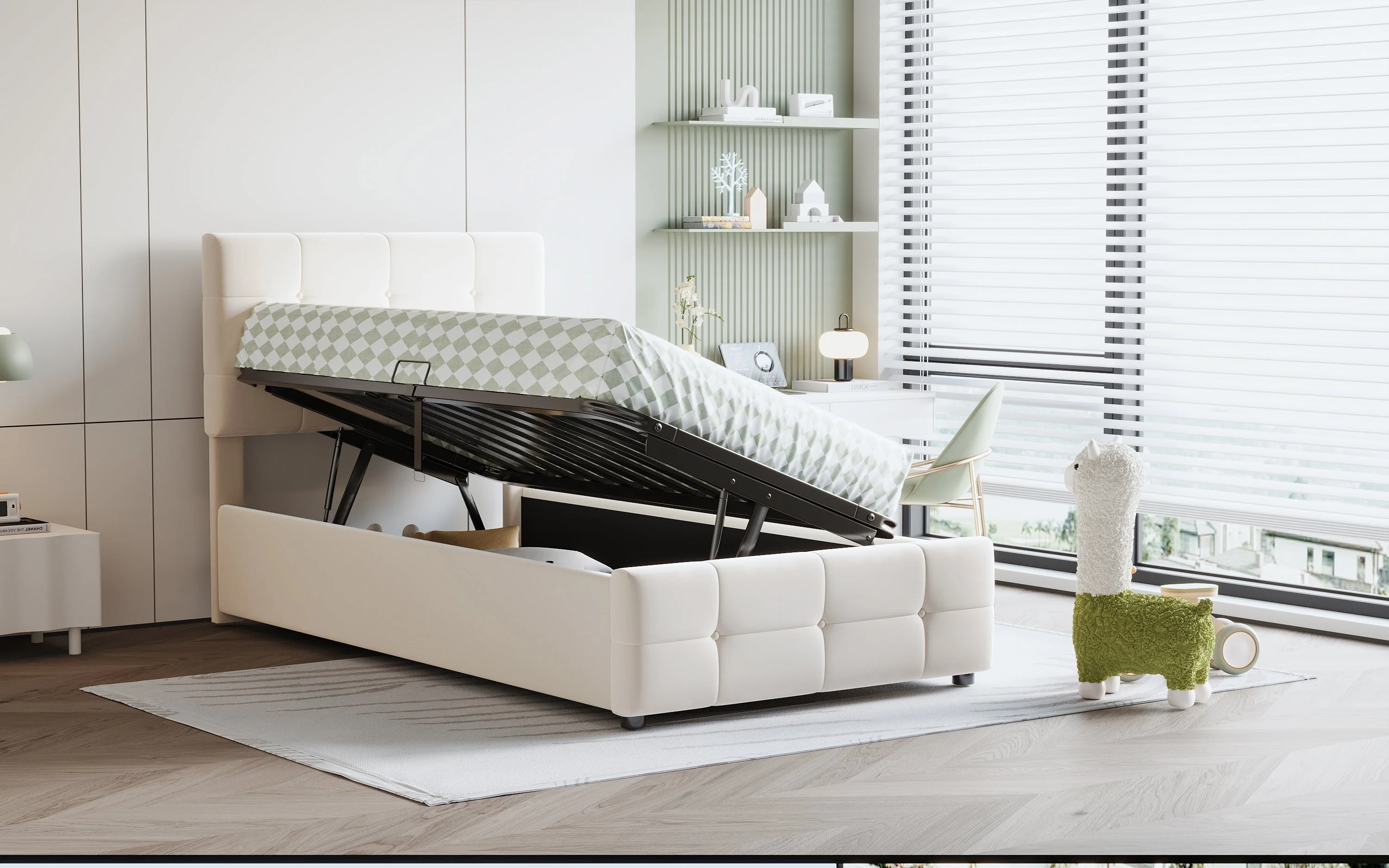 Upholstered Children's Bed 90x200cm, Hydraulic Storage, Adjustable Headboard, Velvet Beige - Image 5