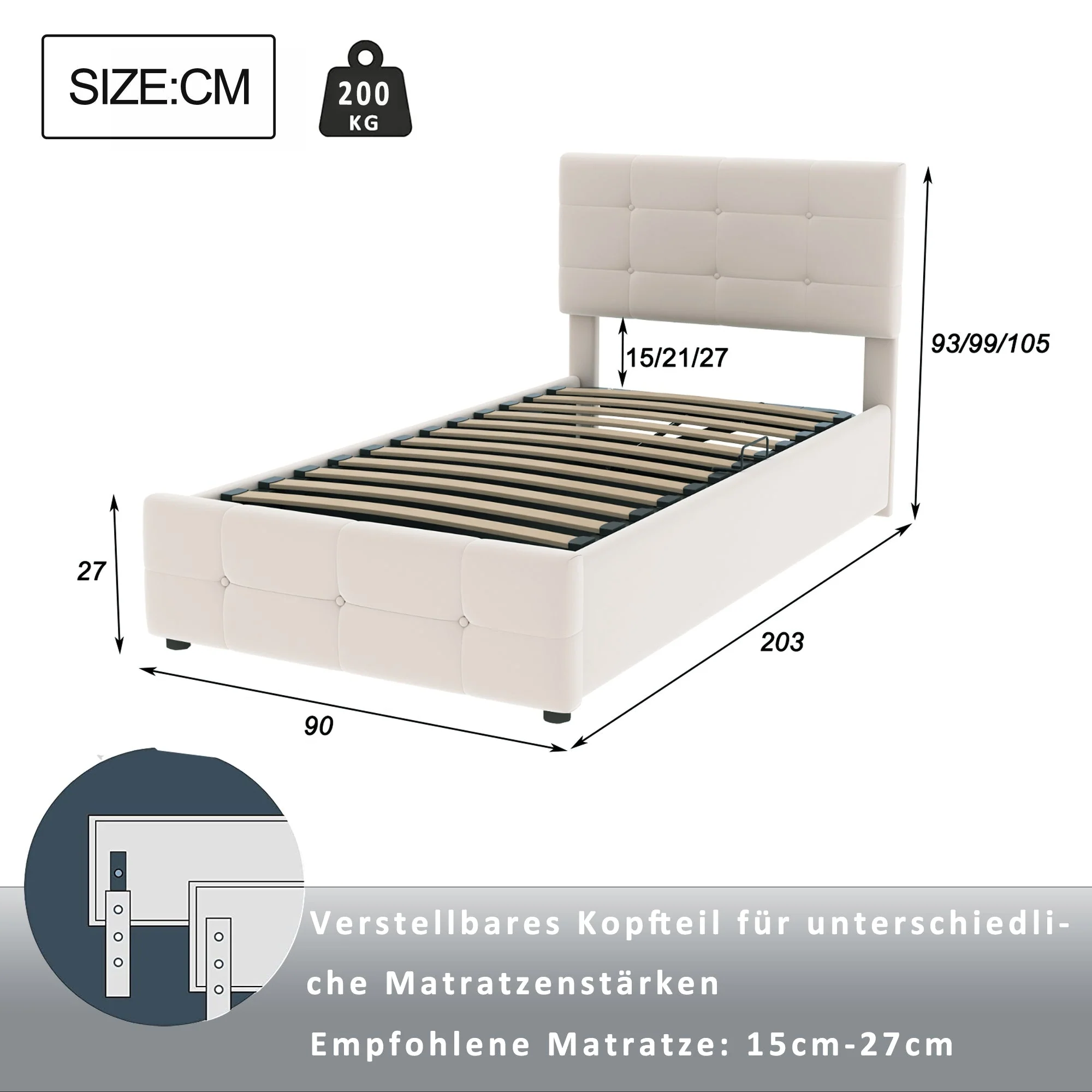 Upholstered Children's Bed 90x200cm, Hydraulic Storage, Adjustable Headboard, Velvet Beige - Image 9